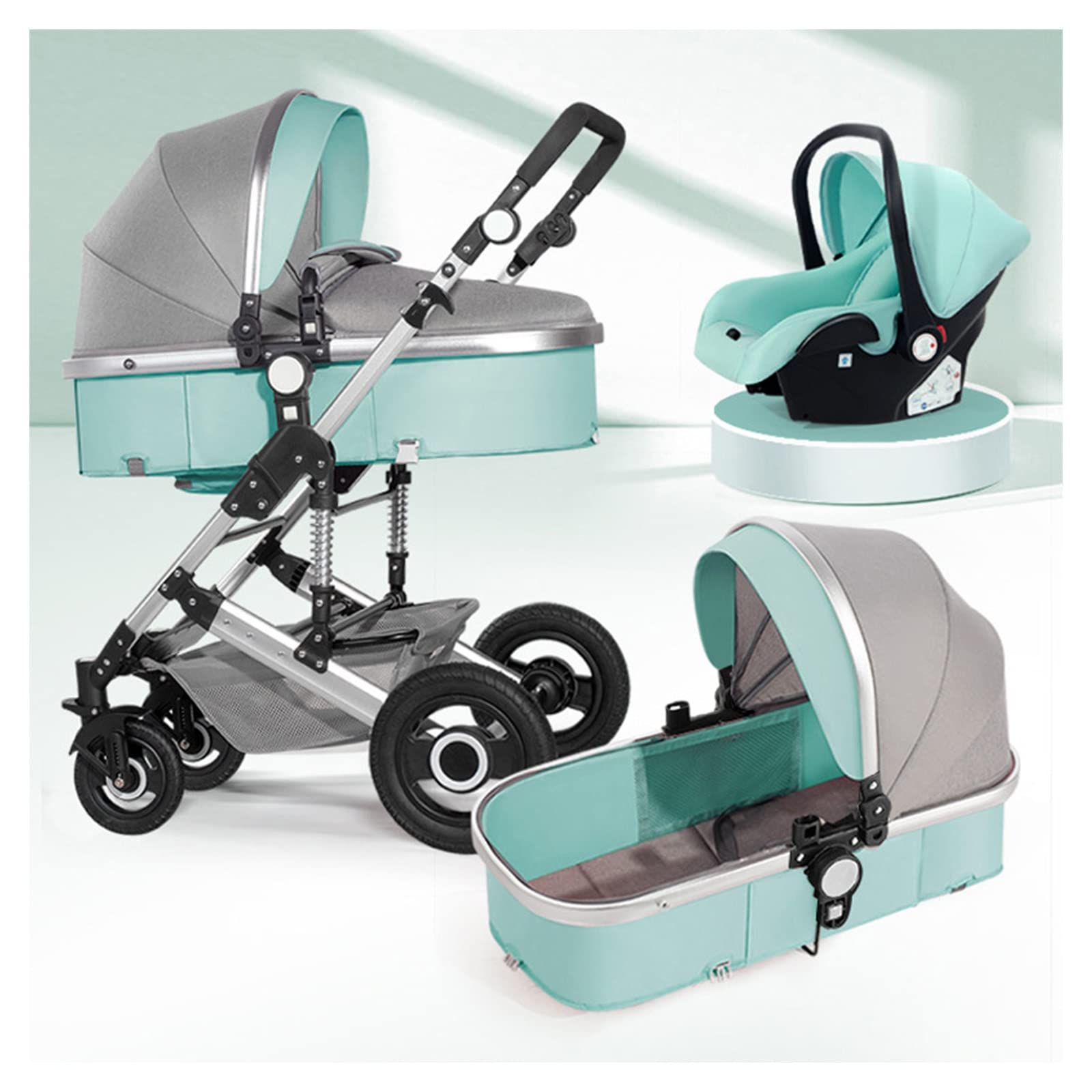3 in 1 Baby Stroller - Foldable Adjustable Travel Pushchair with Canopy, Anti-Shock Wheels & Cup Holder | Newborn to Toddler | Nursery, Park & Travel Use | Green