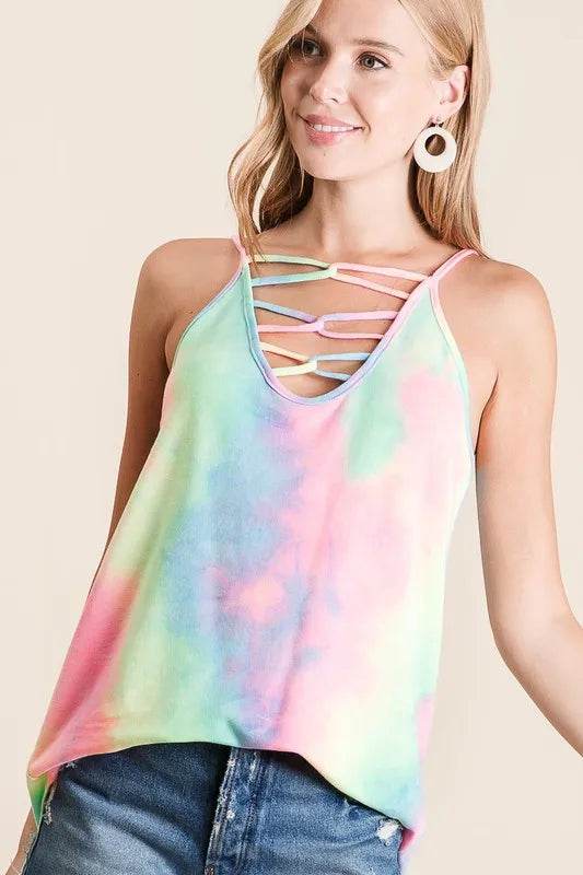 BiBi Tie Dye Terry Caged Neck Knit Camisole Top - Women's Fashion Summer Boho Crop Tank - Perfect for Beach, Music Festivals & Casual Outings