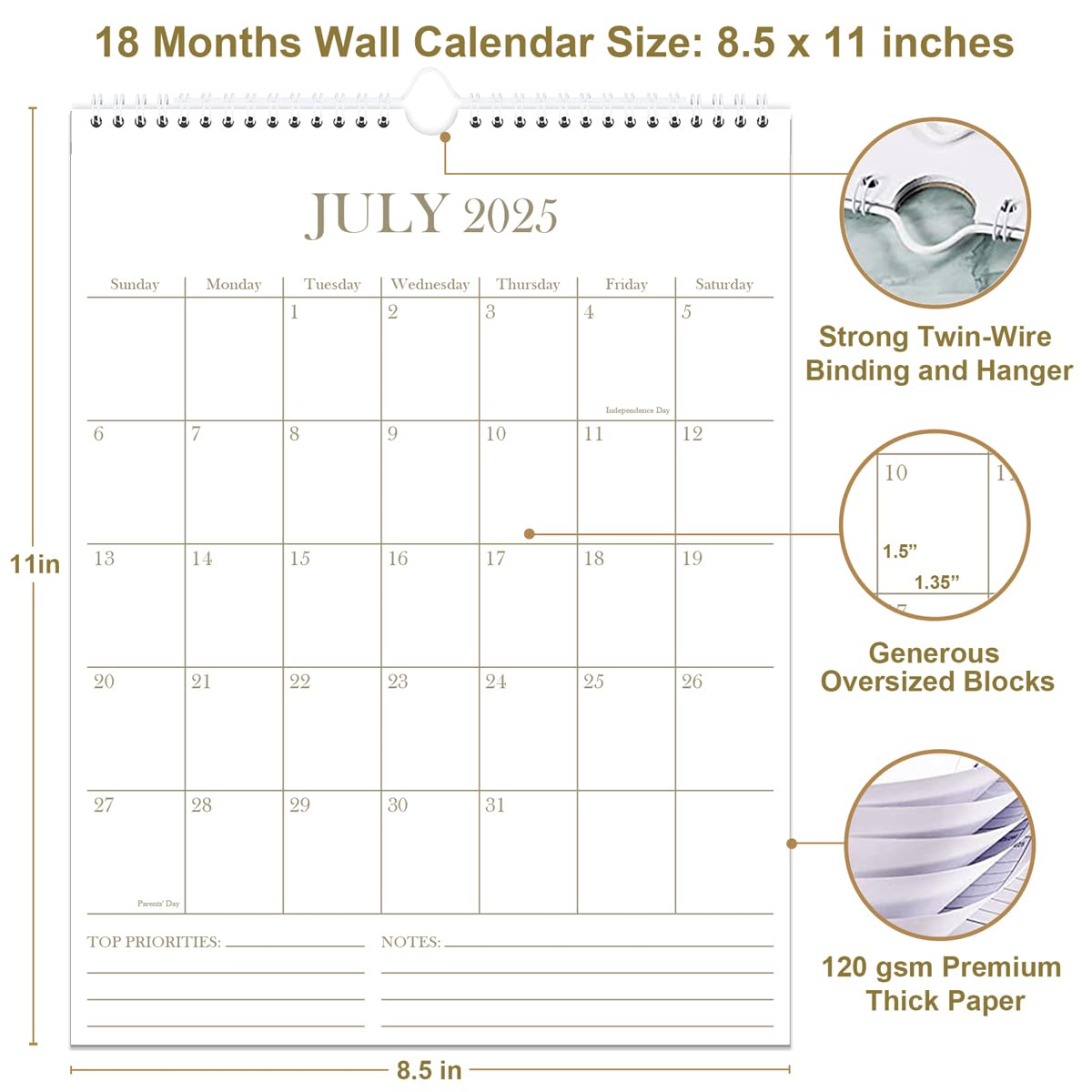 2025-2026 18-Month Wall Calendar | July 2025 - December 2026 | Thick Paper 8.5