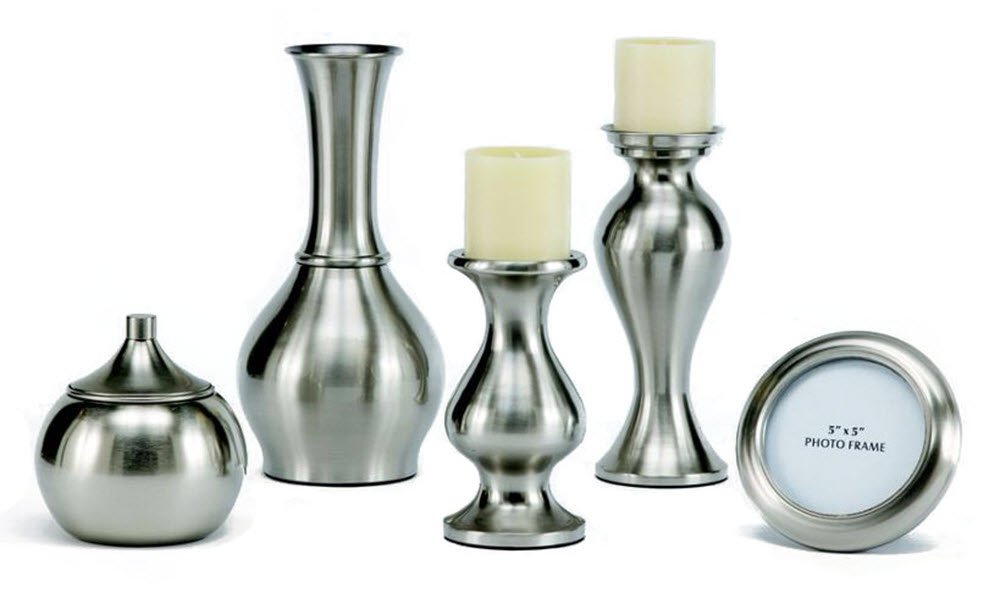 Signature Design by Ashley Rishona 5-Piece Home Decor Set - Silver Finish Vase, Jar, Photo Frame & Candle Holders for Living Room, Bedroom & Wedding Decor