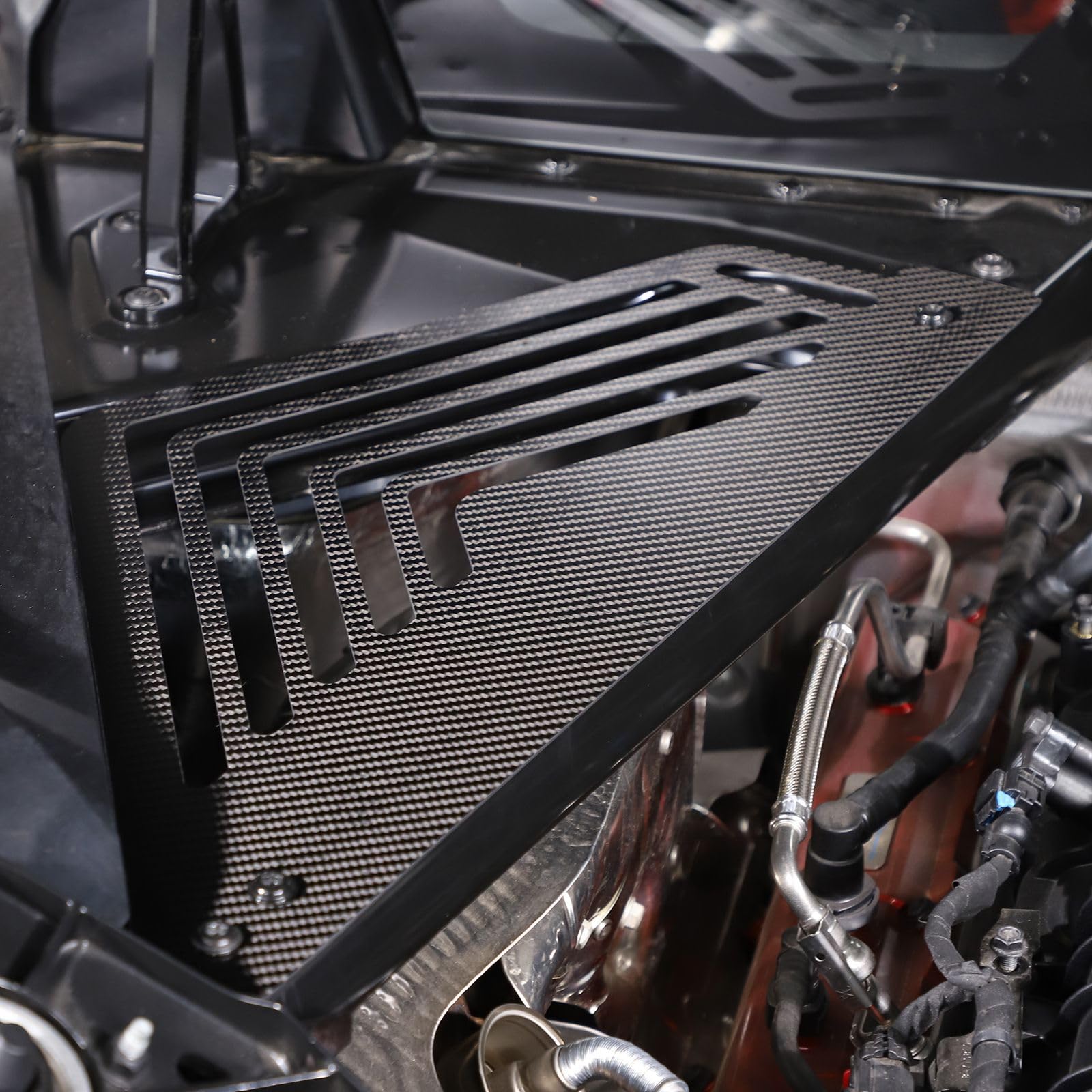 C8 Corvette 2020-2024 Left & Right Engine Bay Panel Cover - Aluminum Splash Shield Guard with Carbon Fiber Finish | Durable Underbody Protection for Corvette Stingray | Perfect for Racing, Car Shows & Daily Driving