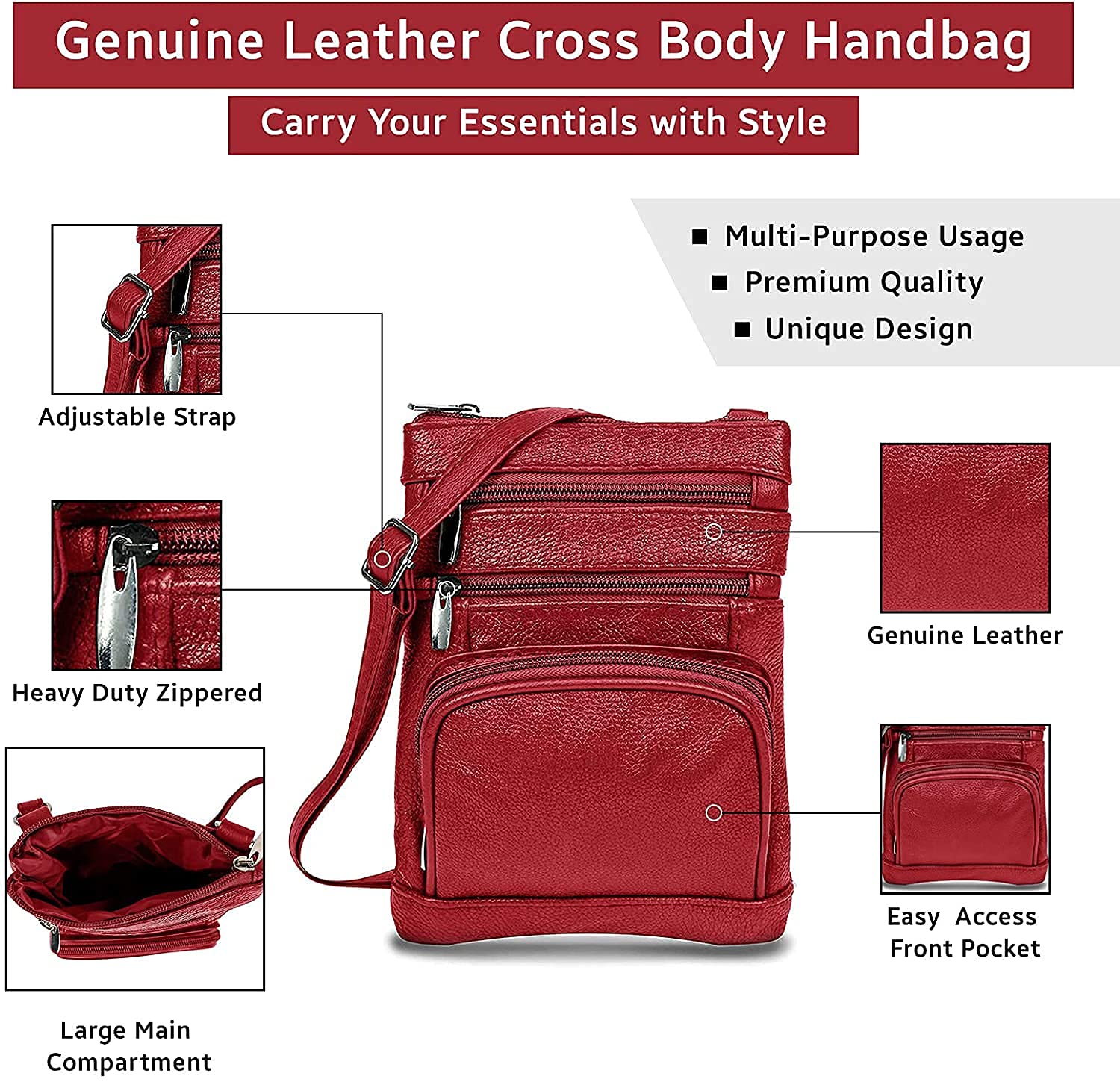 Krediz Genuine Leather Crossbody Bags for Women - Adjustable Strap, Multiple Pockets, Soft & Durable - Perfect for Travel, Shopping & Everyday Use