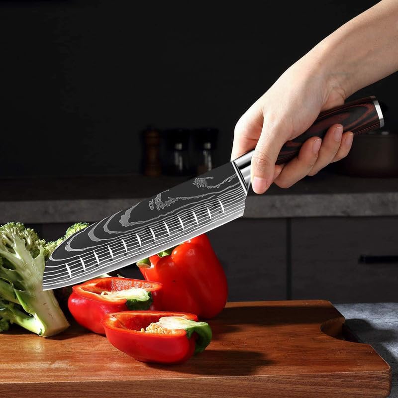 KEPEAK 5-Piece Kitchen Knife Set - High Carbon Steel Chef Knife, Santoku, Cleaver & Paring Knives with Pakkawood Handle - Perfect for Slicing Vegetables, Meat & Fruit in Home Cooking & Professional Kitchens