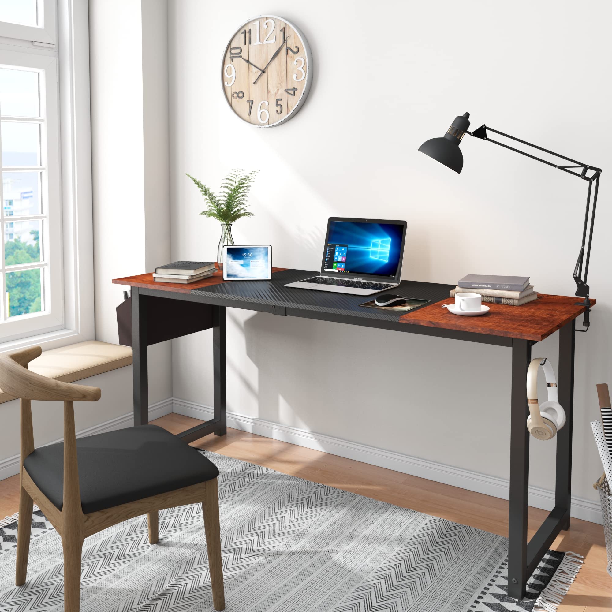 Decoholic 63 Inch Modern Industrial L-Shaped Computer Desk with Storage Bag & Hook - Black & Sandalwood Two-Tone Home Office Desk for Workstation Setup, Gaming, Study & Remote Work