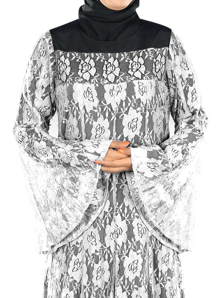Elegant White Floral Lace Abaya Dress - Modest Islamic Fashion for Women - Perfect for Prayer, Weddings & Special Occasions