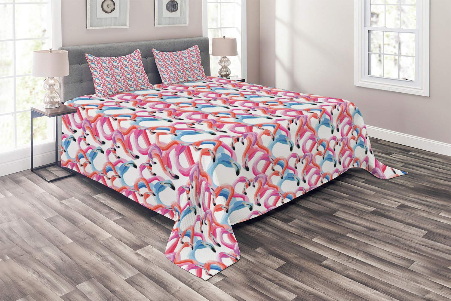 Ambesonne Flamingo Watercolor Pastel Quilt Set - King Size 3-Piece Bedspread with 2 Pillow Shams, Tropical Birds Design in Multicolor for Wedding & Romantic Bedroom Decor - Perfect for Master Bedroom, Guest Room, and Beach House Styling