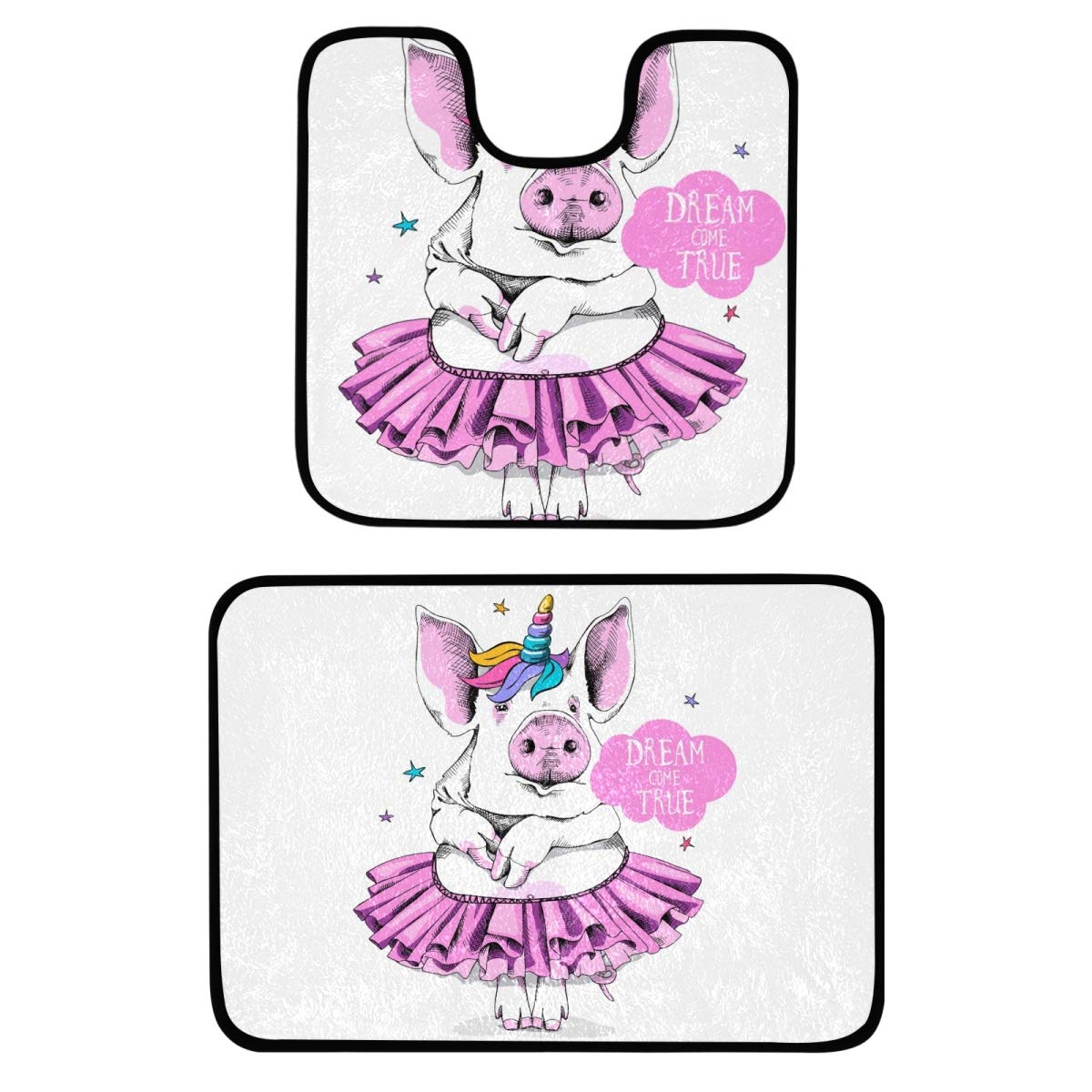 Anti-Slip Bathroom Rug Set - 2 Piece Absorbent U-Shaped Toilet Mat & Shower Rug (20x20 Inch) | Cute Pig Ballerina Design for Bathroom, Entryway & Home Decor