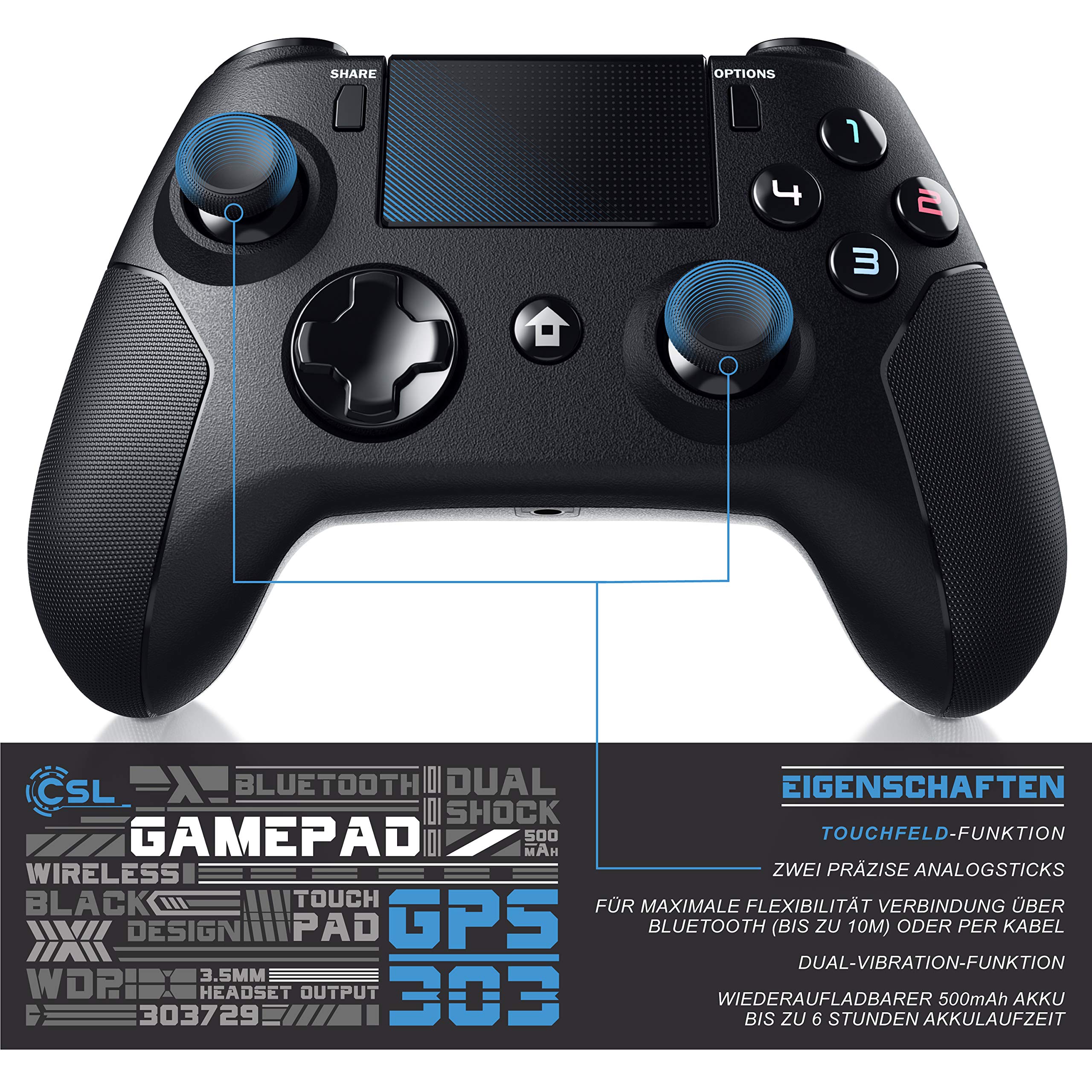 CSL - 2 Pack Wireless PS4 Controller - Bluetooth Gamepad with Dual Vibration, Touchpad & 3.5mm Headset Jack - Compatible with PlayStation 4, PS4 Slim & PS4 Pro - Share Button, 3D & Gyro Sensor - Perfect for Gaming, Streaming & Multiplayer Sessions