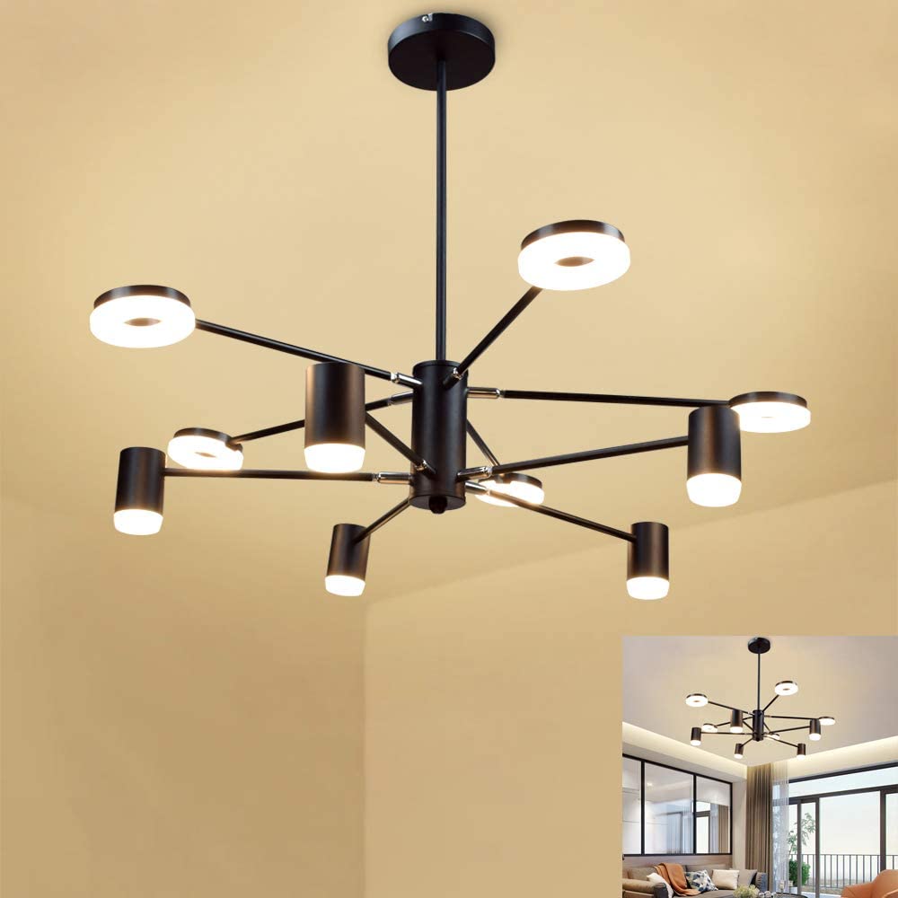 Modern LED Sputnik Chandelier - 10-Light Adjustable Arm Pendant Light with Adjustable Heads, Semi-Flush Mount Ceiling Fixture in 3000K Warm White & Black Finish | Perfect for Dining Room, Living Room, Bedroom Lighting | Creates Elegant Ambient Lighting for Home Decor & Interior Design