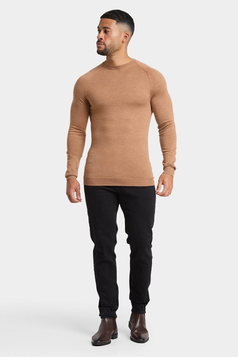 Premium Merino Wool Crew Neck Sweater for Men & Women | Soft & Warm Camel Color | Perfect for Winter Travel & Outdoor Activities