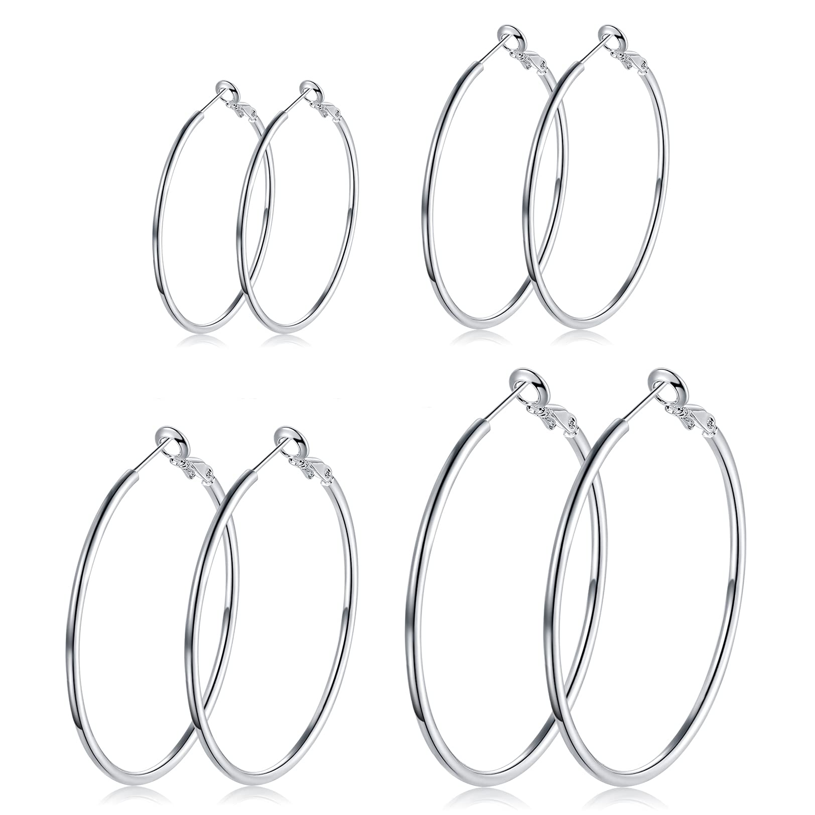 4 Pairs 925 Sterling Silver Hoop Earrings for Women - Hypoallergenic Large Minimalist Hoops Set (30MM 40MM 50MM 60MM) | Perfect for Everyday Wear, Parties & Gift Giving