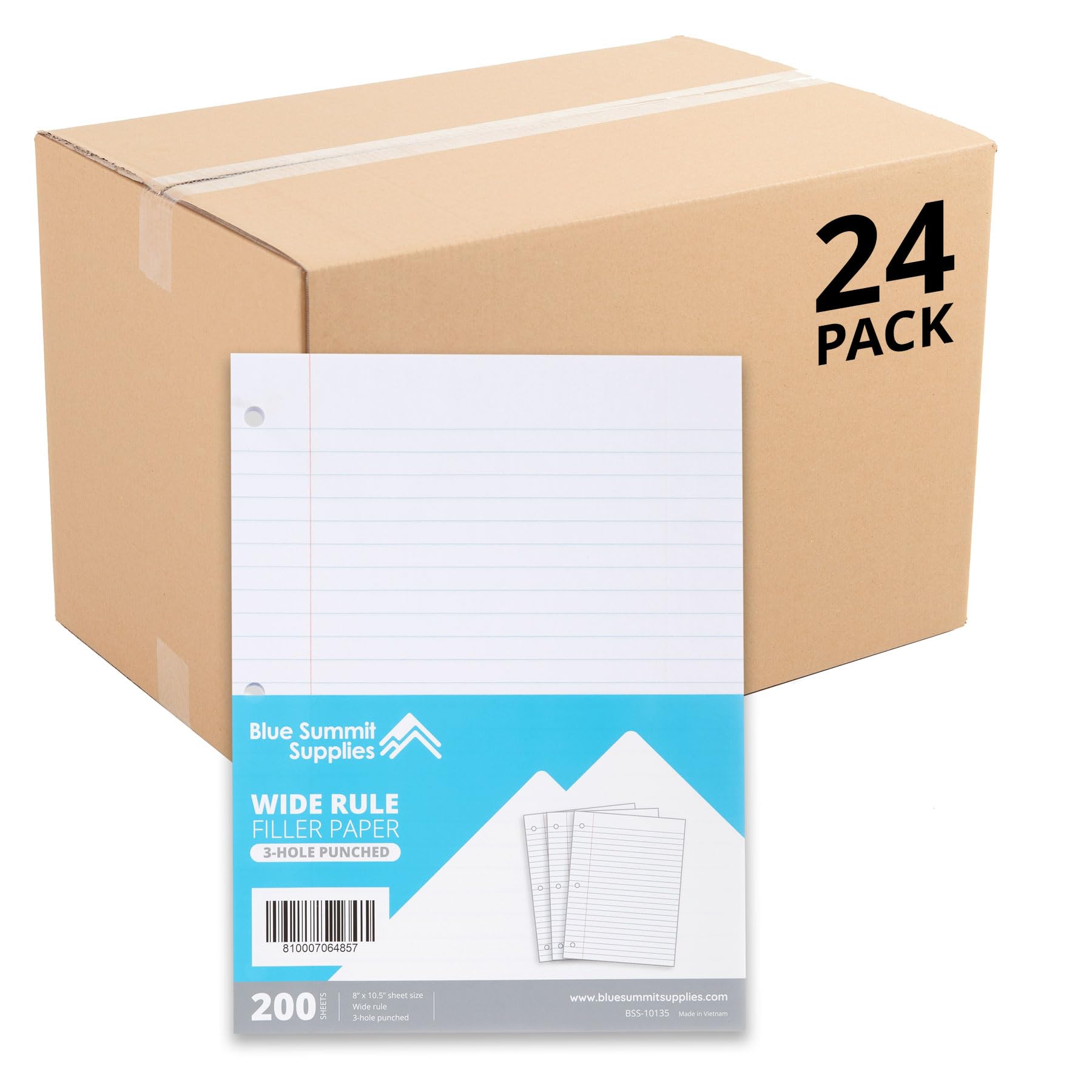 Blue Summit Loose Leaf Filler Paper, Wide Ruled Notebook Paper (8” x 10.5”) – 4800 Sheets Bulk Pack for 3 Ring Binders, 200 Sheets per Pack (24 Packs) – Perfect for School, Office, and Home Organization