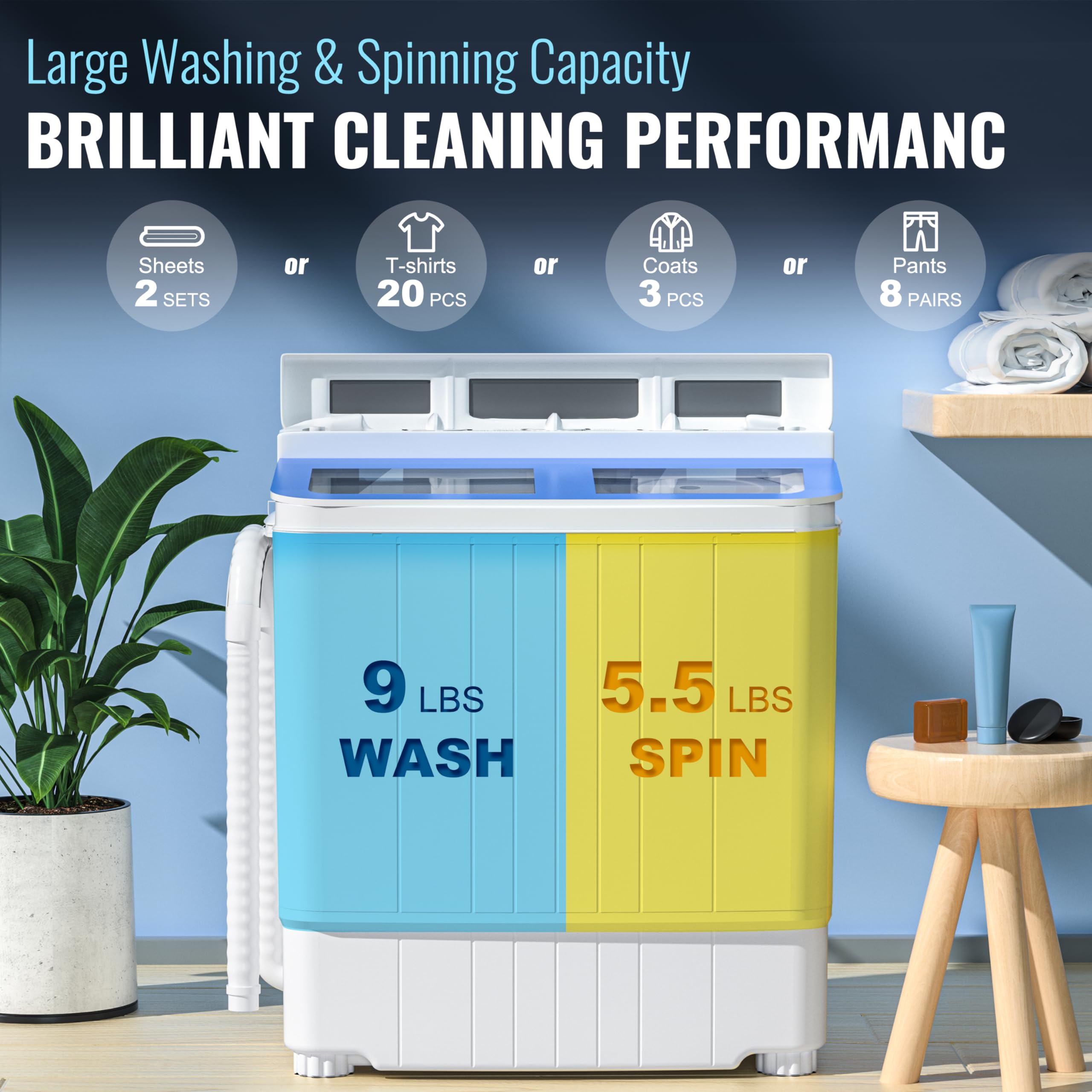 INTERGREAT Portable Washer and Dryer Combo - 17.6 lbs Mini Twin Tub Washing Machine with Spin Dryer | Compact Laundry Solution for Apartments, Dorms, RVs & Camping | Perfect for Small Spaces & Travel (Blue)