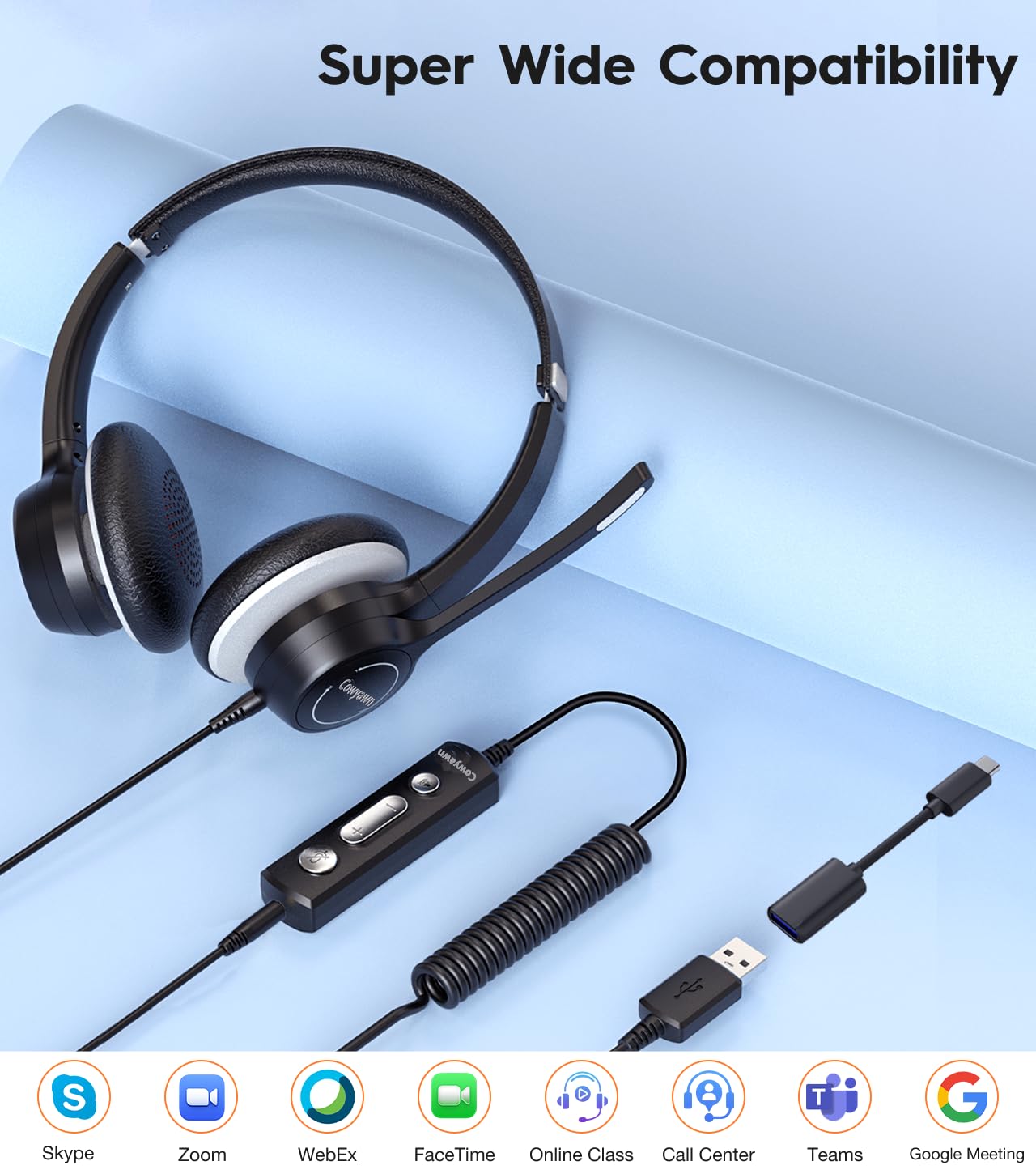 Noise Cancelling USB Headset with Microphone for PC & Laptop - Wired Computer Headset with In-Line Controls, USB-A/USB-C Compatible for Work, Home Office, Call Center, Gaming & Online Meetings