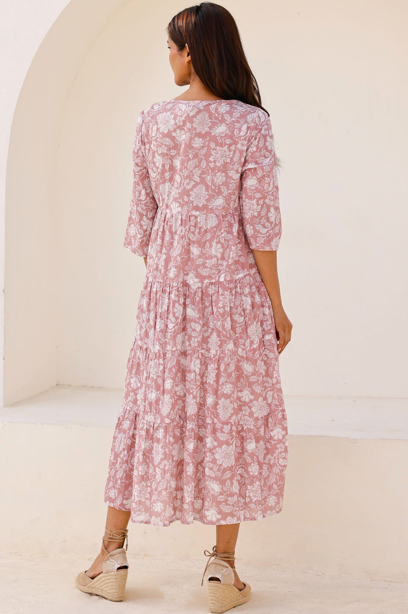 Emma Organic Cotton Dress - Blossom Dusty Pink & White | Flowy Summer Dress for Women | Perfect for Beach, Brunch & Casual Outings