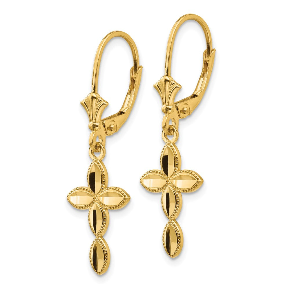 14K Gold Diamond Cut Cross Leverback Earrings TF1770 - Elegant Religious Jewelry for Women, Perfect for Church, Weddings & Special Occasions