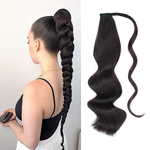 ABH AMAZINGBEAUTY 20-Inch Human Hair Ponytail Extension for Women - 100g Wrap-in Easy Clip-in Hairpiece, Natural Off Black 1B Color - Perfect for Parties, Weddings & Everyday Styling