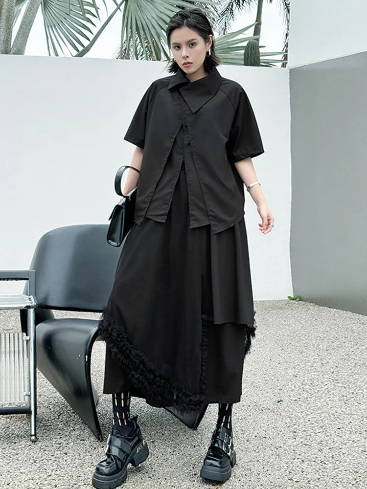 Oversized Black Asymmetrical Mesh Pantsuit Set - Fashionable Lapel Short Sleeve Two Piece Outfit for Women | Spring Summer 2025 Trendy Streetwear | Perfect for Casual Wear, Night Out & Fashion Events