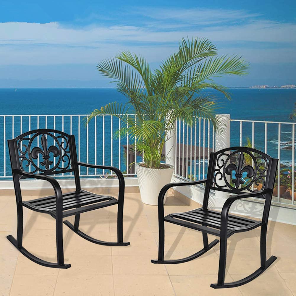 Grepatio Outdoor Patio Rocking Chair - Heavy Duty Wrought Iron Metal Rocking Seat with Elegant Scroll Design for Deck, Backyard, Garden or Porch - Weather Resistant & Comfortable (Black) | Perfect for Relaxing, Reading & Enjoying Nature