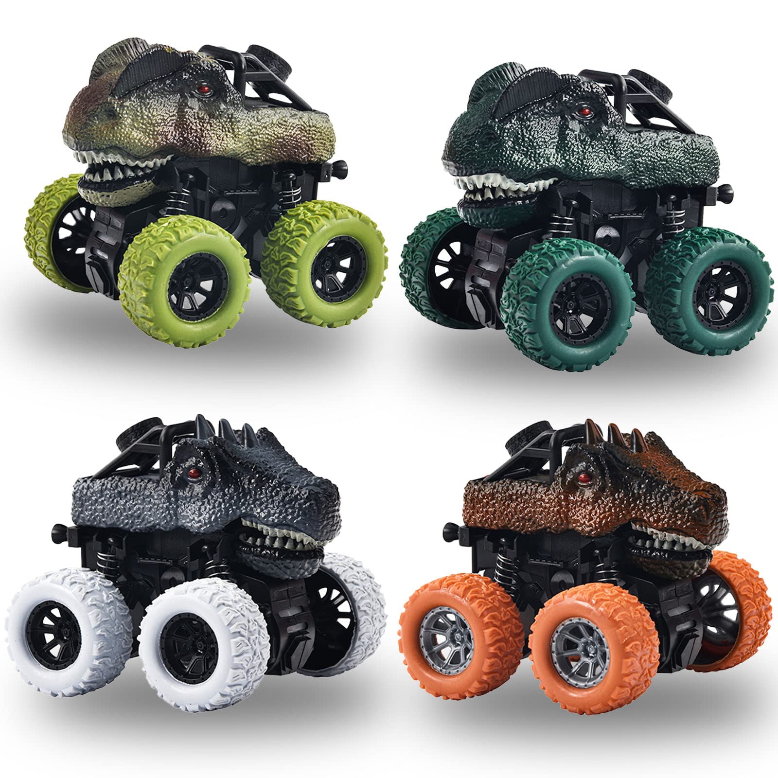 Dinosaur Truck Toys for Kids - 4 Pack Pull Back Vehicles with 360° Rotation Wheels | Durable Friction Powered Push & Go Toy Cars | Gift for Boys & Girls Ages 3-7 | Perfect for Playtime, Birthday Presents & STEM Learning