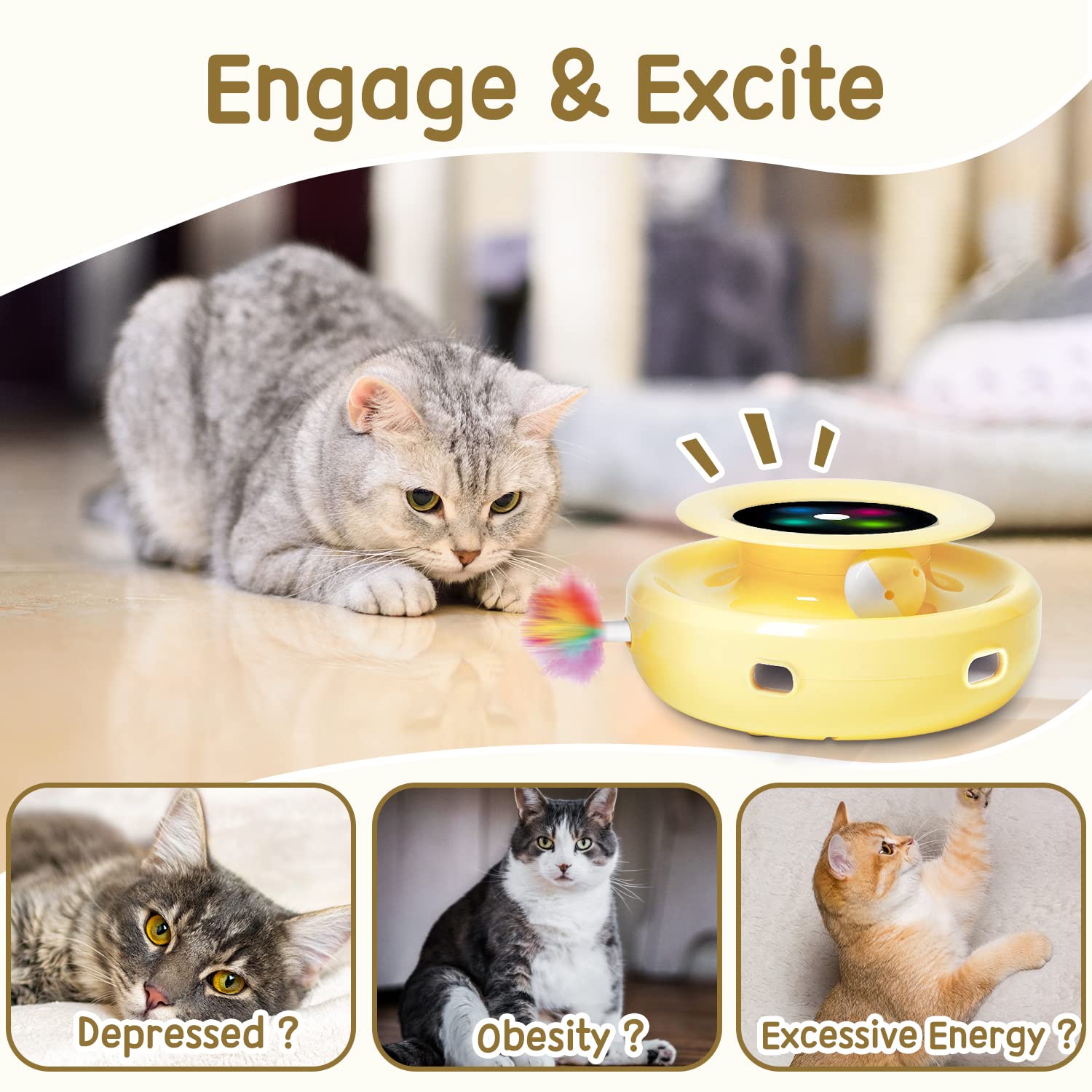 ORSDA 2-in-1 Interactive Cat Toys for Indoor Cats - Automatic Cat Toy Balls with Ambush Feather, 6pcs Feathers, Dual Power, Adjustable Speed, Auto On/Off - Perfect for Playtime and Exercise