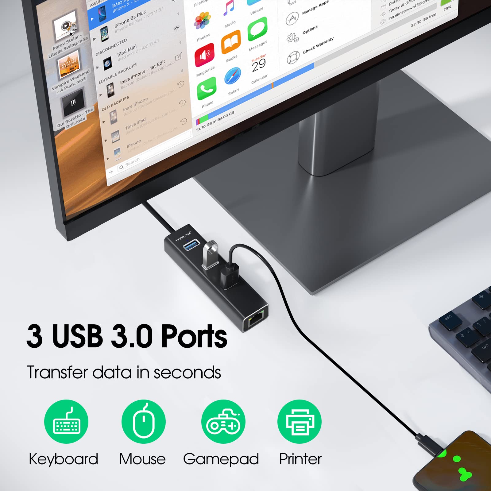 7-in-1 USB 3.0 Hub with Ethernet Port - High Speed USB Splitter & Extender for Laptop, MacBook Pro/Air, iMac - Aluminum Multi-Port Adapter for Home Office, Gaming & Travel Use
