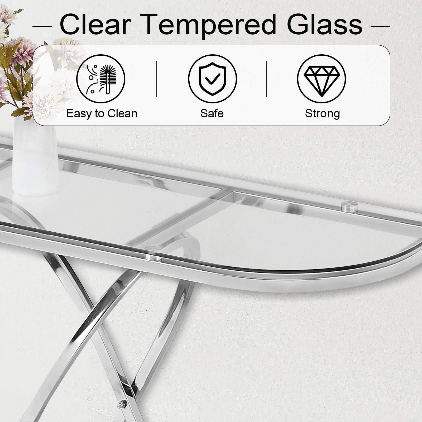 Modern Entryway Table with Oval Frames & Marble MDF Base - Tempered Glass Console Table for Living Room, Hallway, Bedroom - Silver & Clear Glass - Perfect for Small Spaces, Apartment Decor, and Home Entryway Organization