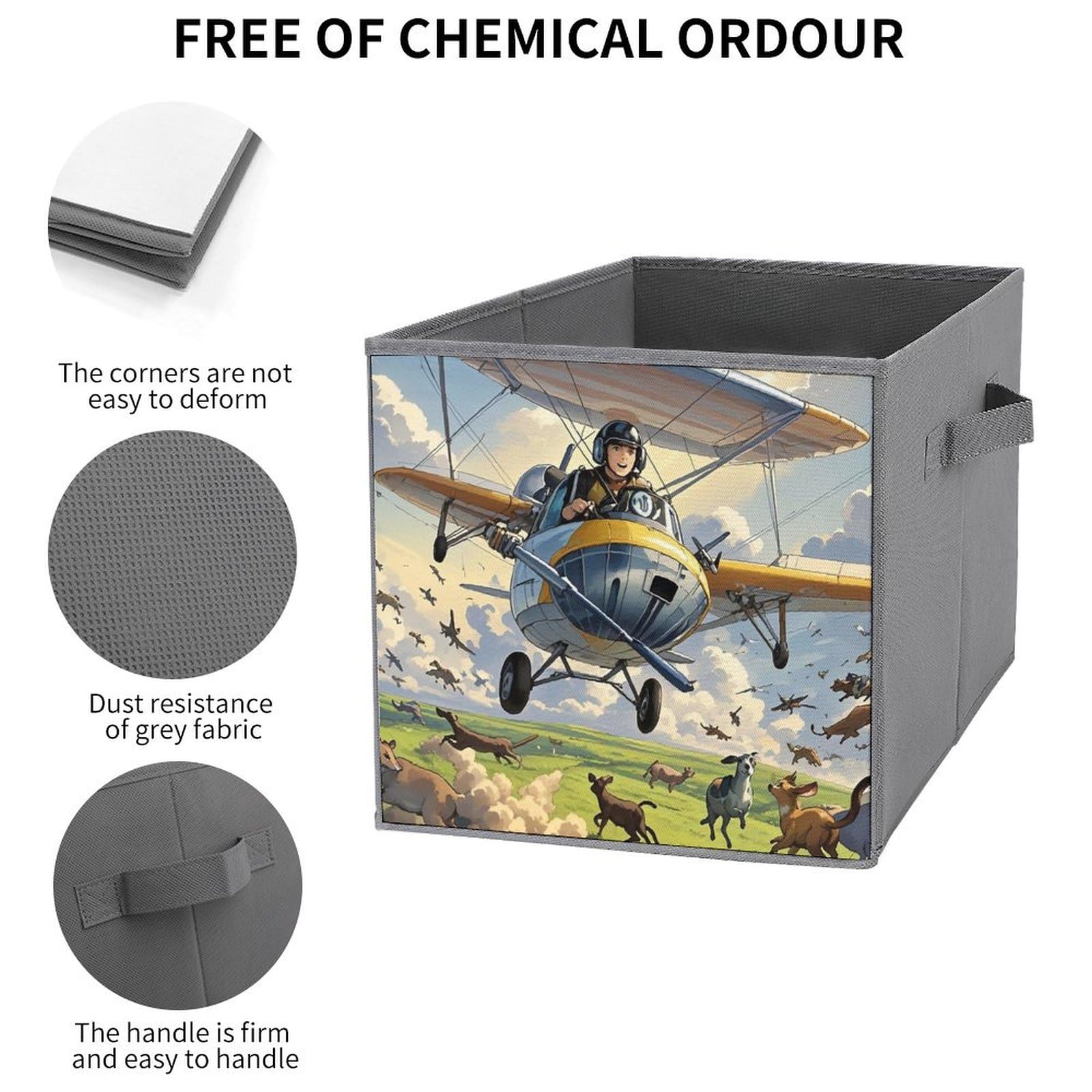 1PCS Foldable Storage Bins with Handles - Large Capacity Printed Storage Boxes (Planes Fly Animals Run Design) for Playroom, Office & Home Organization - Perfect for Kids' Toys, Books & Clutter Control