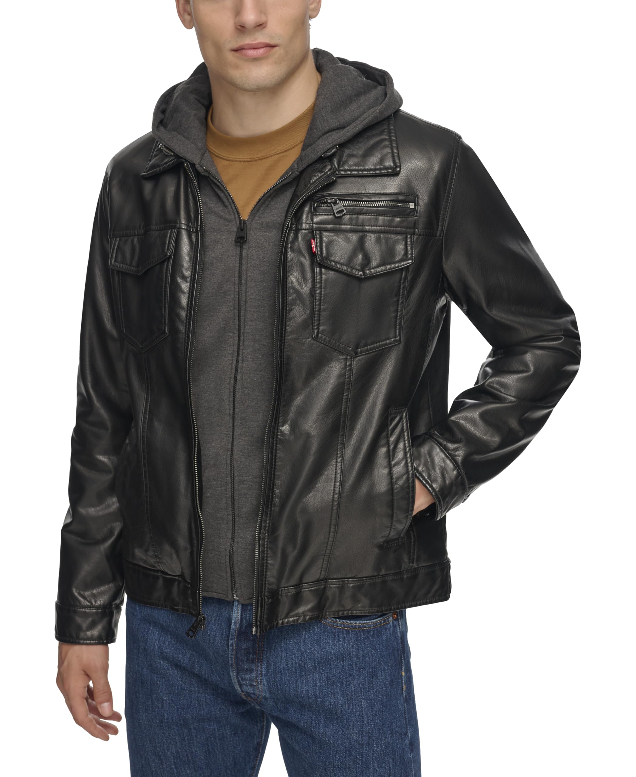 Levi's Men's Faux Leather Hooded Trucker Jacket with Sherpa Lining - Regular, Big & Tall Sizes | Stylish Winter Outerwear for Casual Wear & Outdoor Activities