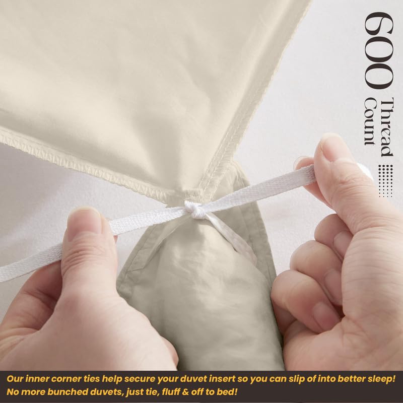 Premium 600 Thread Count King/Cal King Duvet Cover Set - 3 Piece Soft & Breathable Cooling Bedding with Zipper Closure & Corner Ties (1 Duvet + 2 Pillow Shams) - Cream White Luxury Bedroom Decor for Master Suite or Guest Room