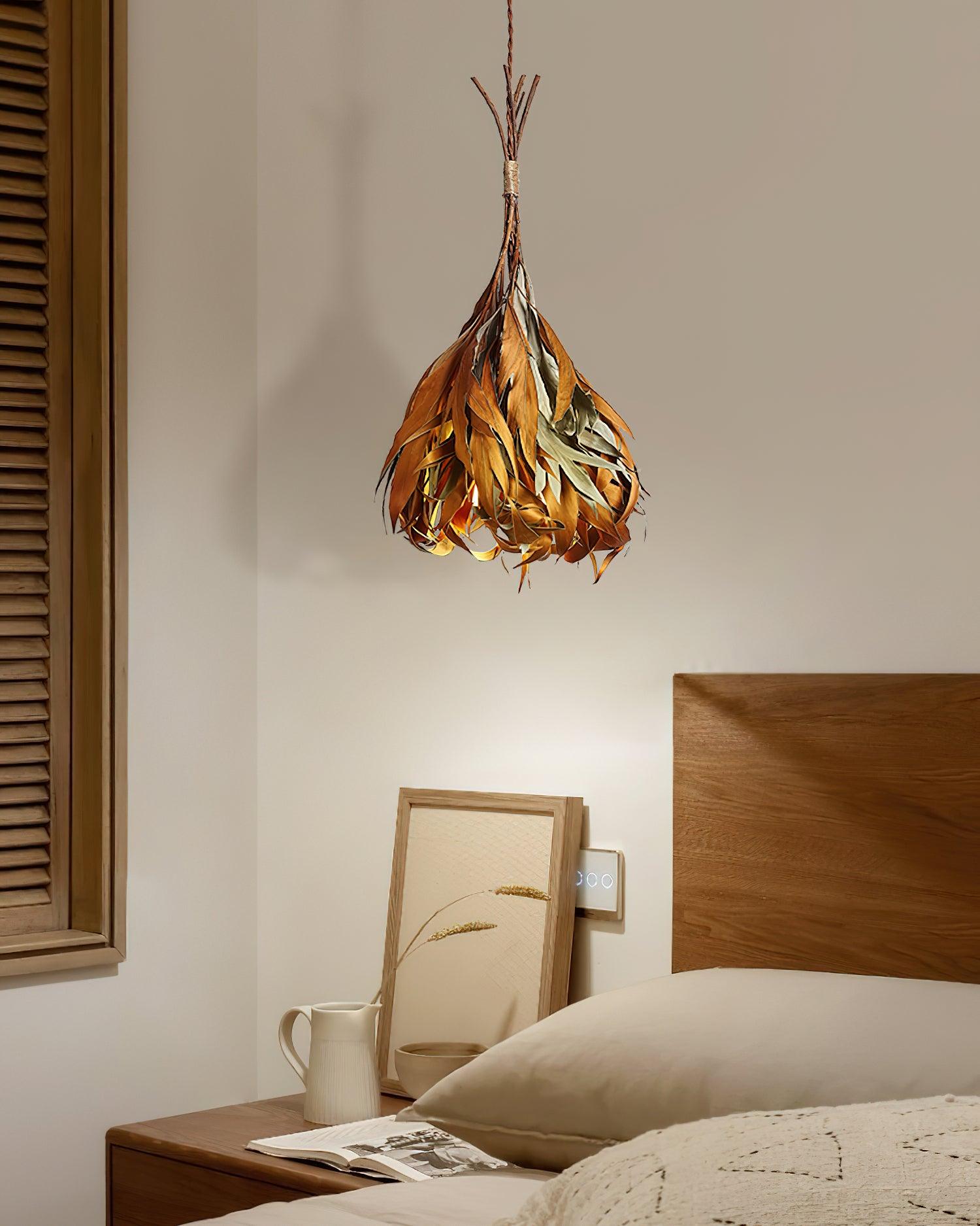 Handmade Dried Branch Leaf Pendant Light - Natural Boho Chandelier for Living Room, Bedroom & Dining Room Decor