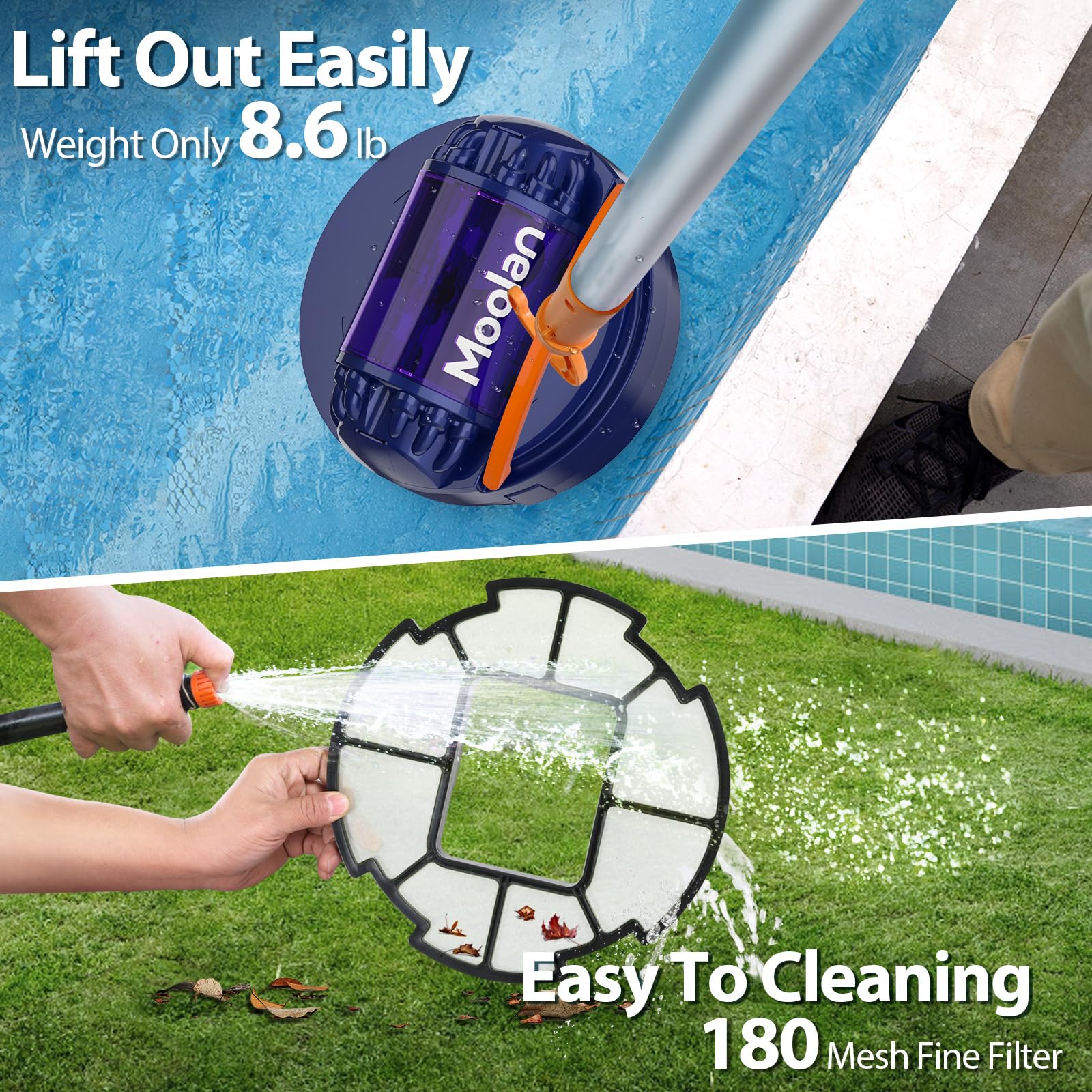MOOLAN X1 Cordless Robotic Pool Vacuum Cleaner - 120 Min Runtime, Dual-Motor, Self-Parking for Above/In-Ground Pools up to 914 Sq Ft - Ideal for Weekly Pool Maintenance & Quick Cleanups