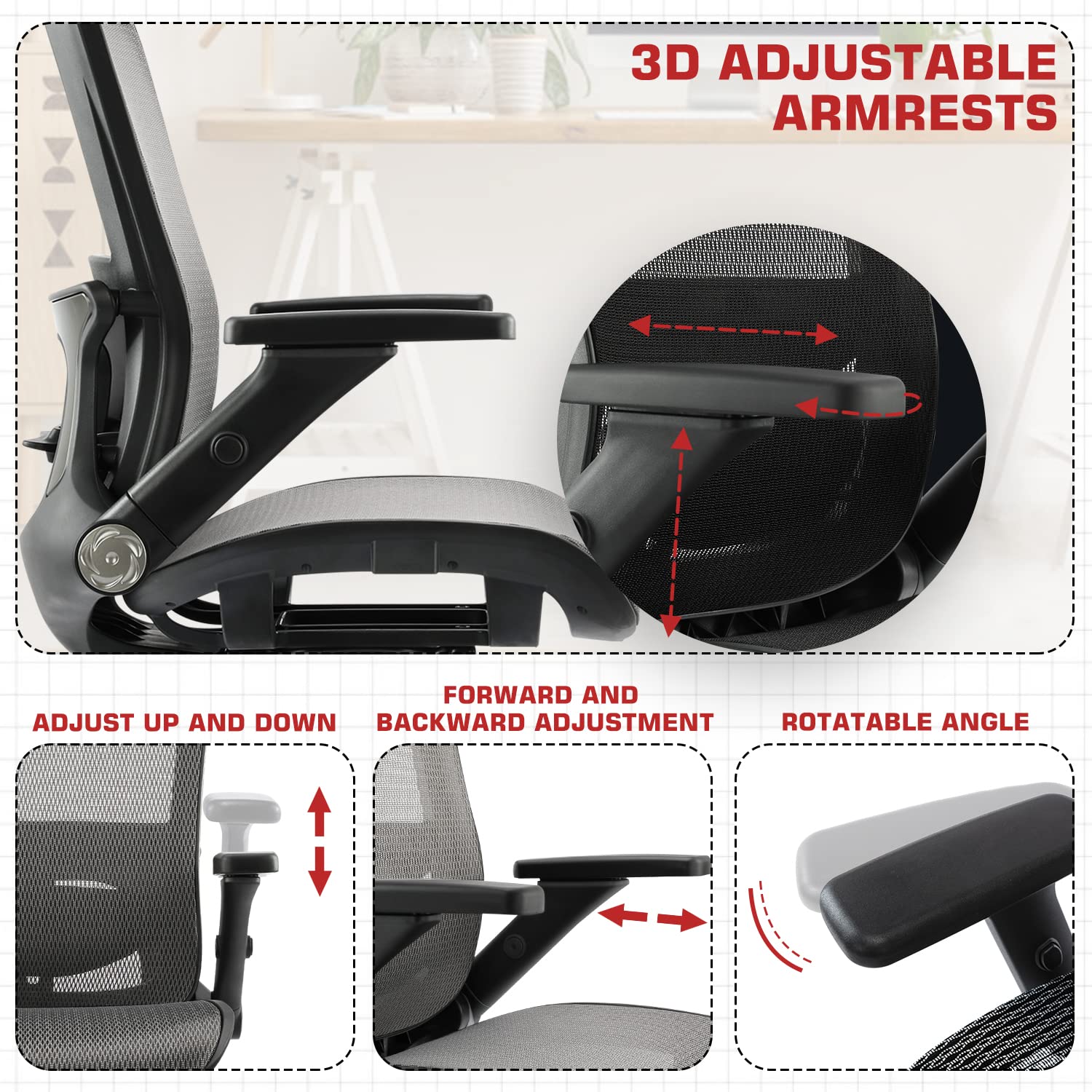 Ergonomic Mesh Office Chair with High Back, 3D Adjustable Armrests, Lumbar Support & Headrest - Grey - Perfect for Home Office, Gaming & Computer Workstations