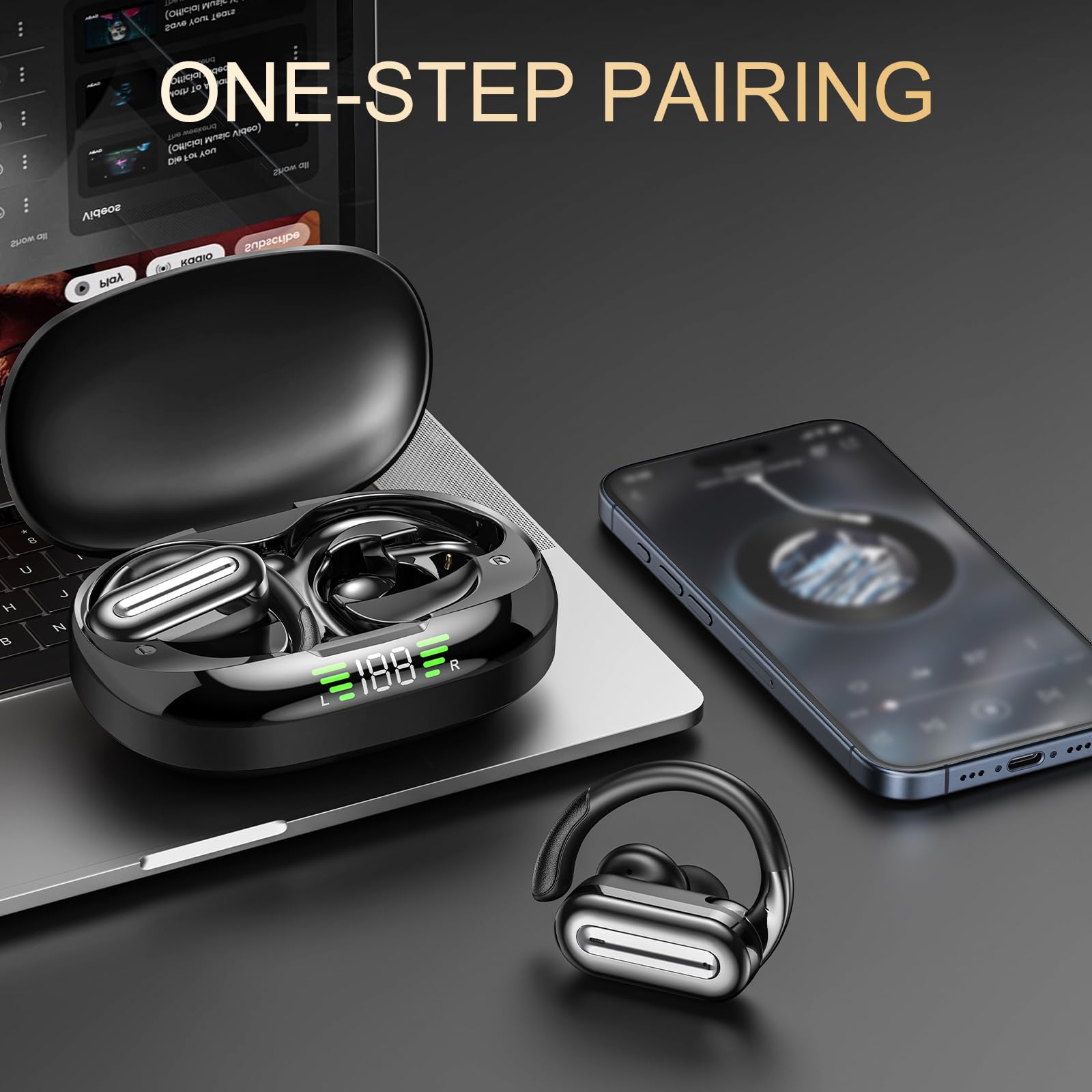 Wireless Earbuds Bluetooth 5.4 with Ear Hooks, ENC Noise Cancelling Mic, Sweatproof Sports Headphones for Running, Workout, Gym - Compatible with iPhone, Android, Laptop & Tablet