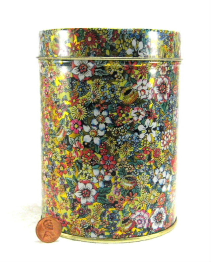 Vintage 1980s Italian Floral Chintz Tea Caddy - Metallic Gold Tea Tin Cylinder for Loose Leaf Tea Storage | Perfect for English Tea Parties, Kitchen Decor & Collector's Display