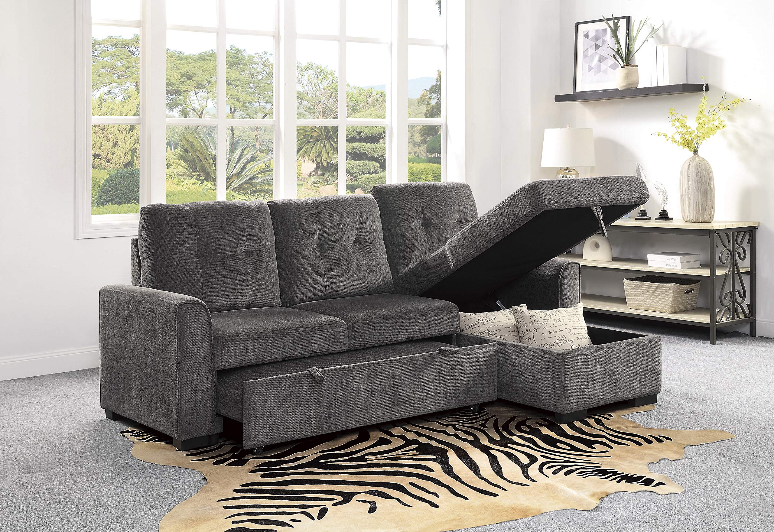 Lexicon L-Shaped Sectional Sofa Bed with Storage Chaise - Reversible Sleeper Couch for Living Room, Pull-Out Bed & Chaise Lounge - Perfect for Small Spaces, Guest Rooms & Apartment Living (Dark Gray)