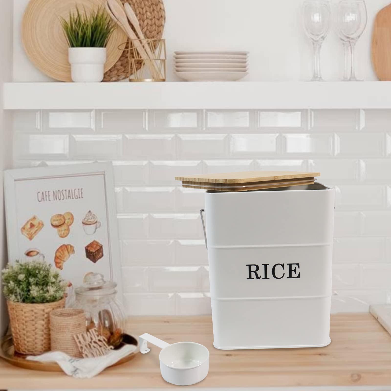 Airtight Metal Rice Storage Bin with Bamboo Lid & Scoop - Food Storage Container for Rice, Flour, Soybean, Grain & Cereal - Perfect for Kitchen Pantry Organization & Bulk Food Storage (White)