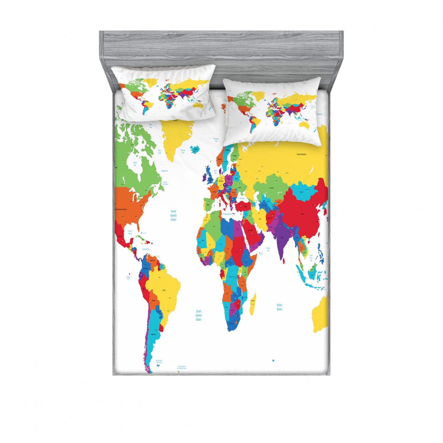 Ambesonne World Map 2-Pack Queen Size Fitted Sheet Set with 4 Pillow Shams - Colorful Countries & Oceans Design - 4 Piece Bedding Decor for Travel Lovers - Perfect for Guest Rooms, Dorm Decor, and Geography Enthusiasts
