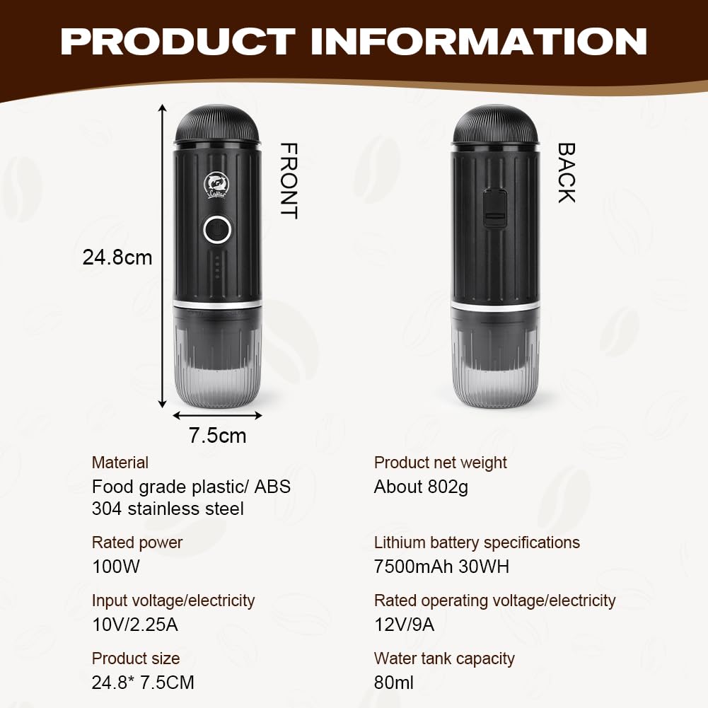 HOTUT Portable Espresso Machine - 19 Bar Pressure Travel Coffee Maker with Rechargeable Battery, Compact 12V Design & One-Button Operation - Perfect for Camping, Road Trips, and Office Use