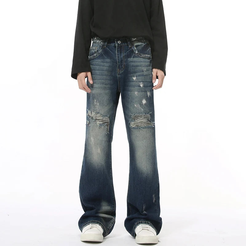 American Style Men's Distressed Tie-Dye Bootcut Jeans - Wide Leg Straight Denim Pants for Casual Wear | Perfect for Street Style & Everyday Outfits