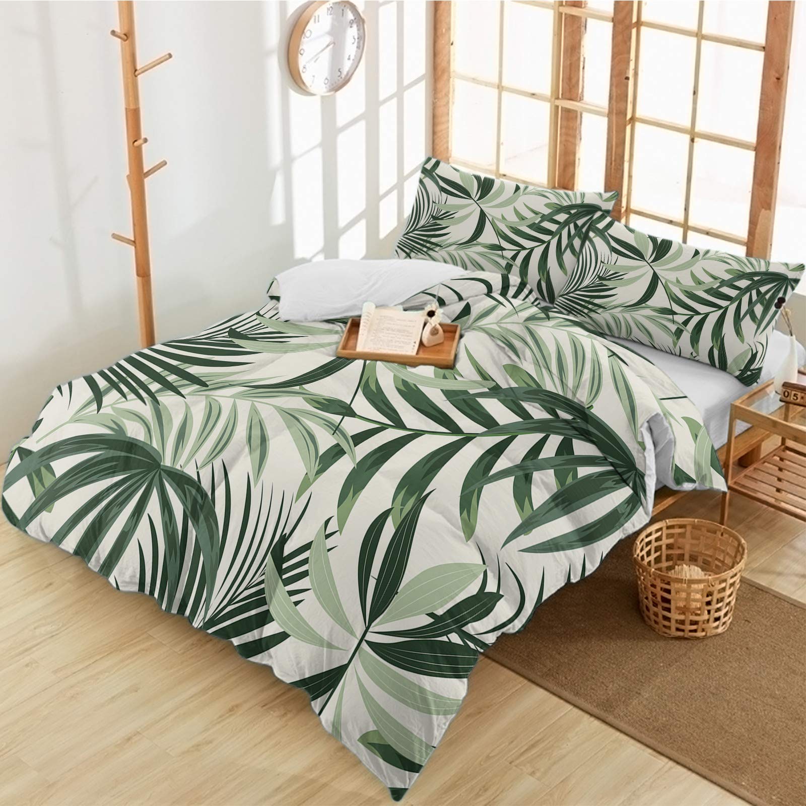 3-Piece Duvet Cover Set King Size - Tropical Green Leaf Print Luxury Soft Microfiber Bedding with Pillowcases, Rustic Beige Back - Perfect for Master Bedroom, Guest Room & Vacation Home Decor