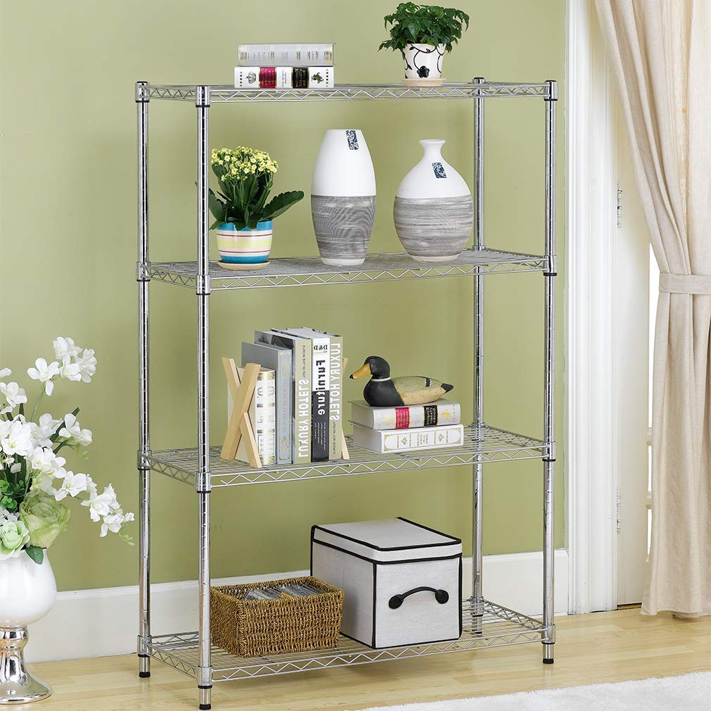 4-Tier Heavy Duty Steel Wire Shelving Unit - Adjustable NSF Certified Metal Shelves for Kitchen, Garage & Commercial Storage - Chrome Finish - Perfect for Organizing Pantry, Laundry Room & Workshop