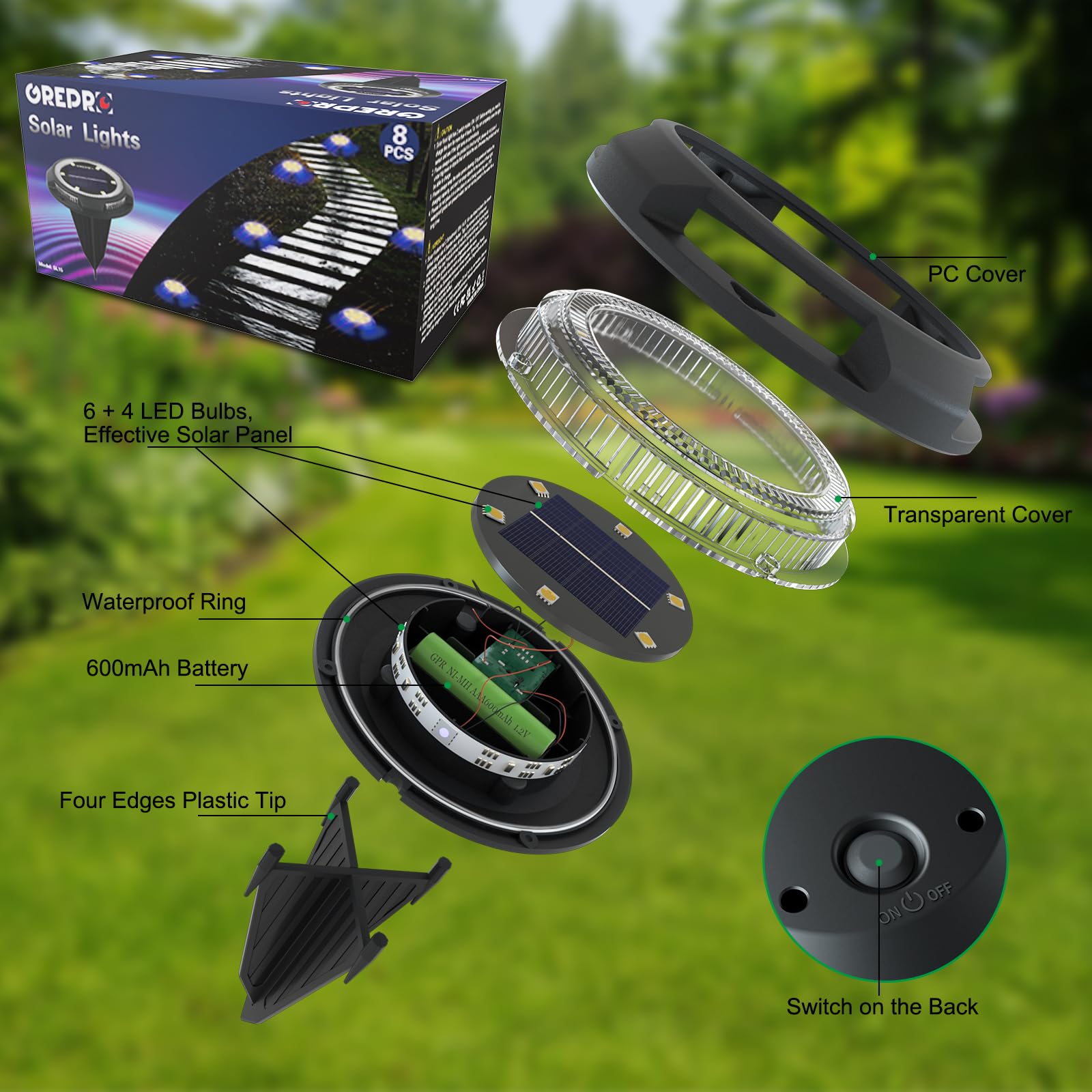 12 Pack GREPRO Solar Ground Lights - 10 LED Waterproof Outdoor Garden Lights with Warm White Light, IP65 Solar Powered for Lawn, Driveway, Walkway, Patio (Black) | Perfect for Landscape Lighting, Pathway Illumination & Backyard Decoration