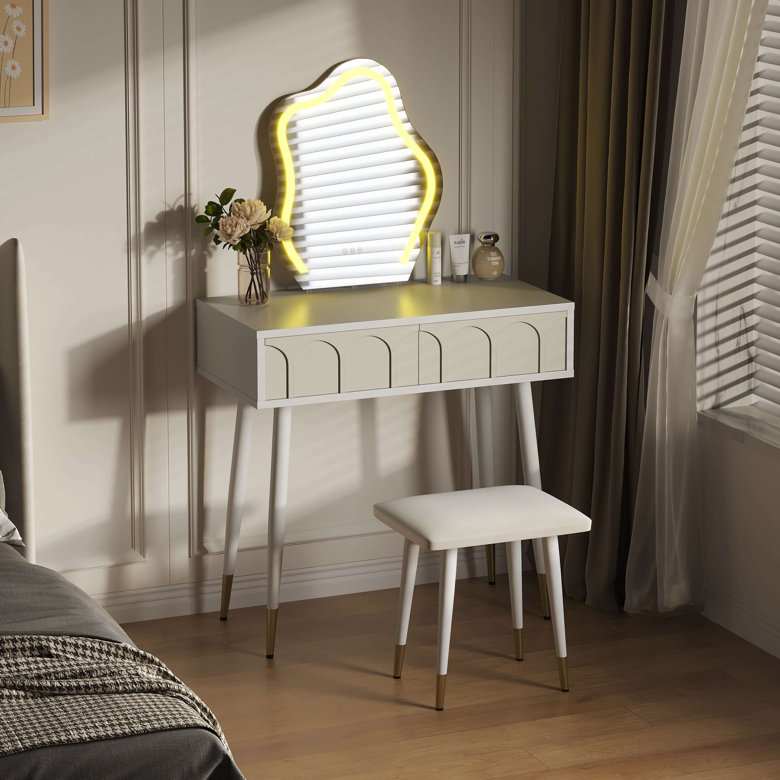 White & Black 31.5 Inch Two-Drawer Dresser with Mirror and Matching Chair - Perfect for Bedroom, Dorm Room or Guest Room Organization