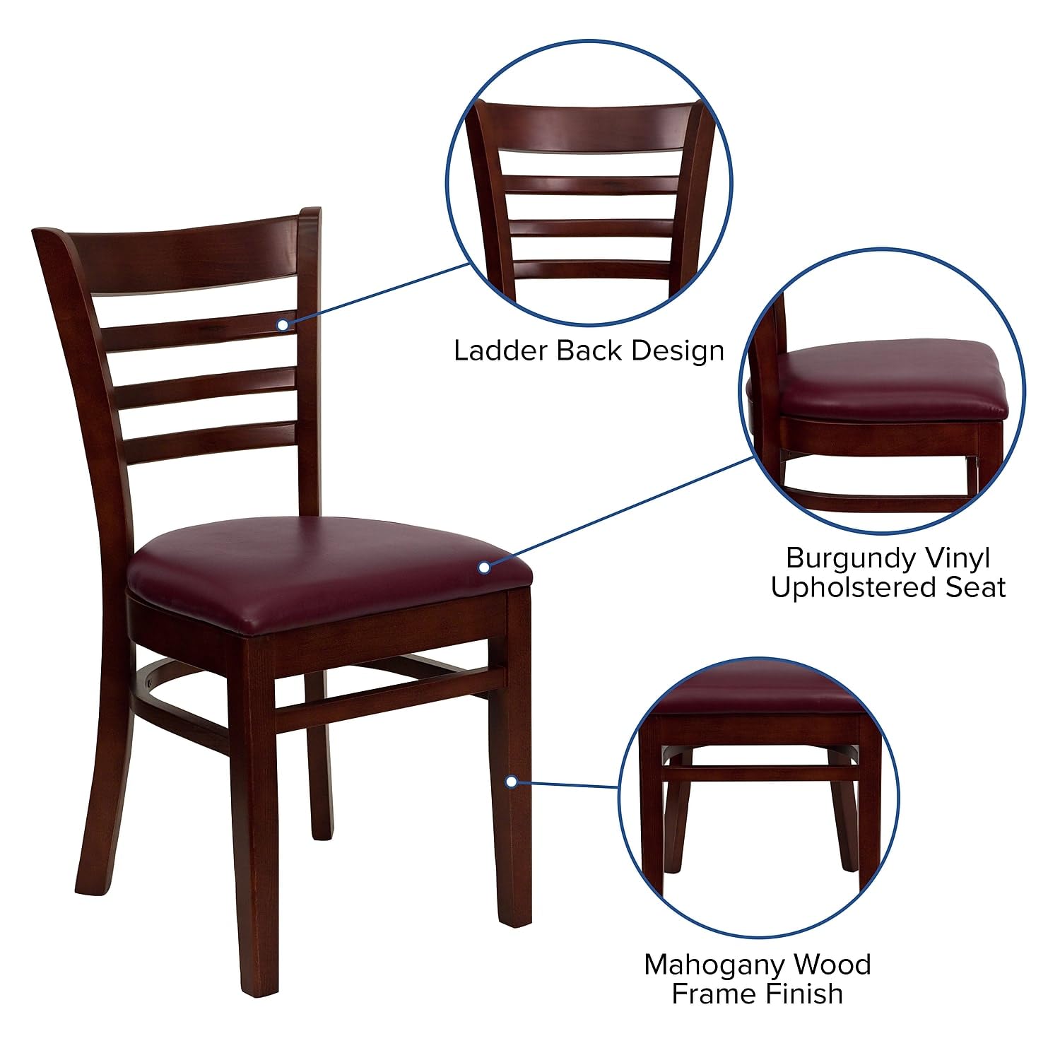 Flash Furniture HERCULES Series Mahogany Wood Ladder Back Restaurant Chair with Burgundy Vinyl Seat - Durable Dining Chairs for Restaurants, Cafes, and Home Kitchens