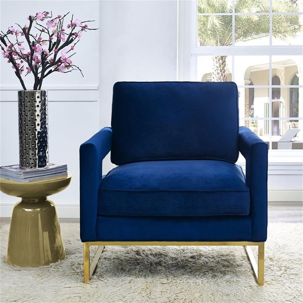 TOV Furniture Avery Collection Modern Leather Upholstered Armchair with Gold Metal Legs - Navy Blue Living Room Accent Chair for Home Office, Lounge & Den Decor