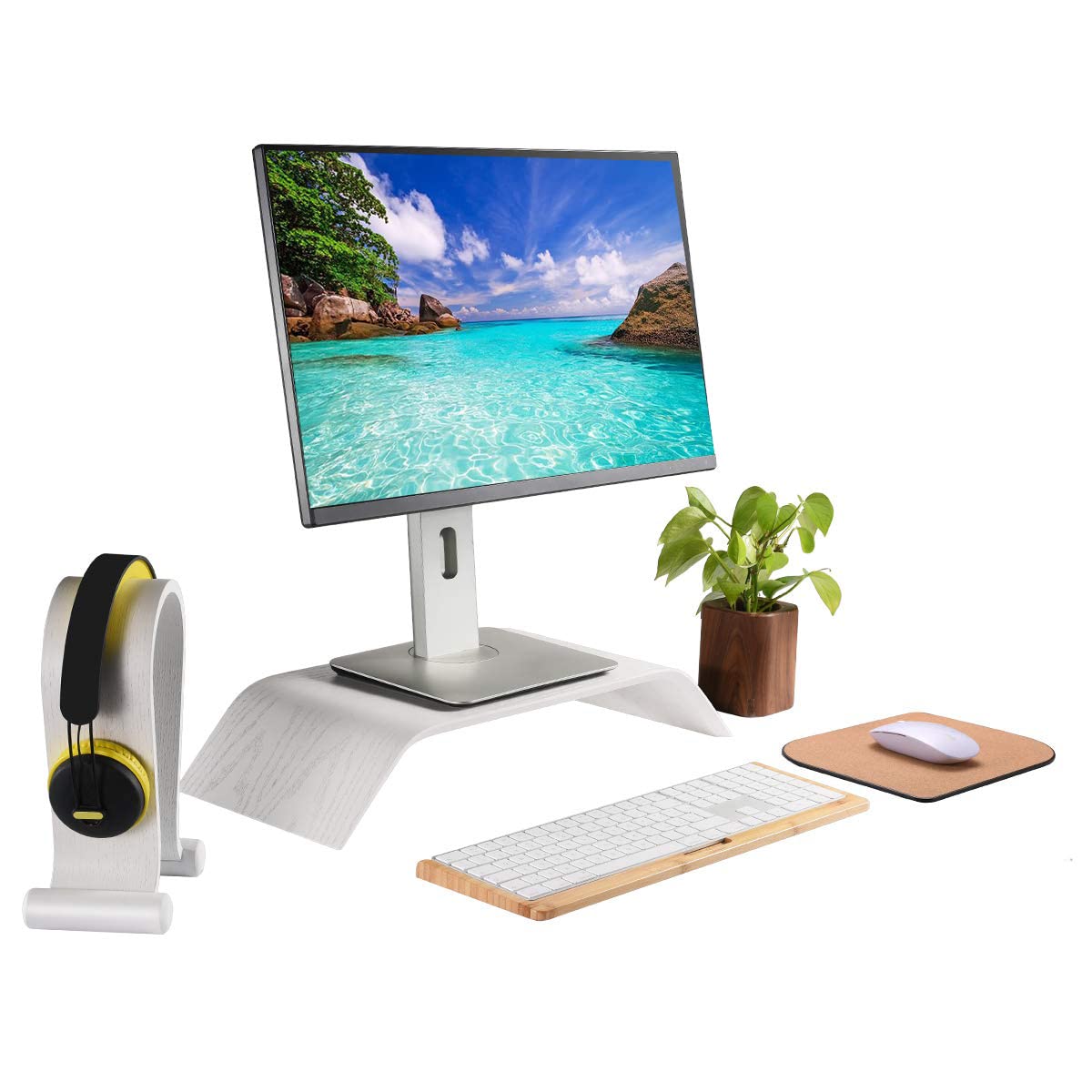 Premium Oak Wood Computer Monitor Stand - Ergonomic Laptop & Notebook Riser for MacBook, PC & Desktop Accessories - Perfect for Home Office, Gaming Setup & Workspace Organization (White Finish)