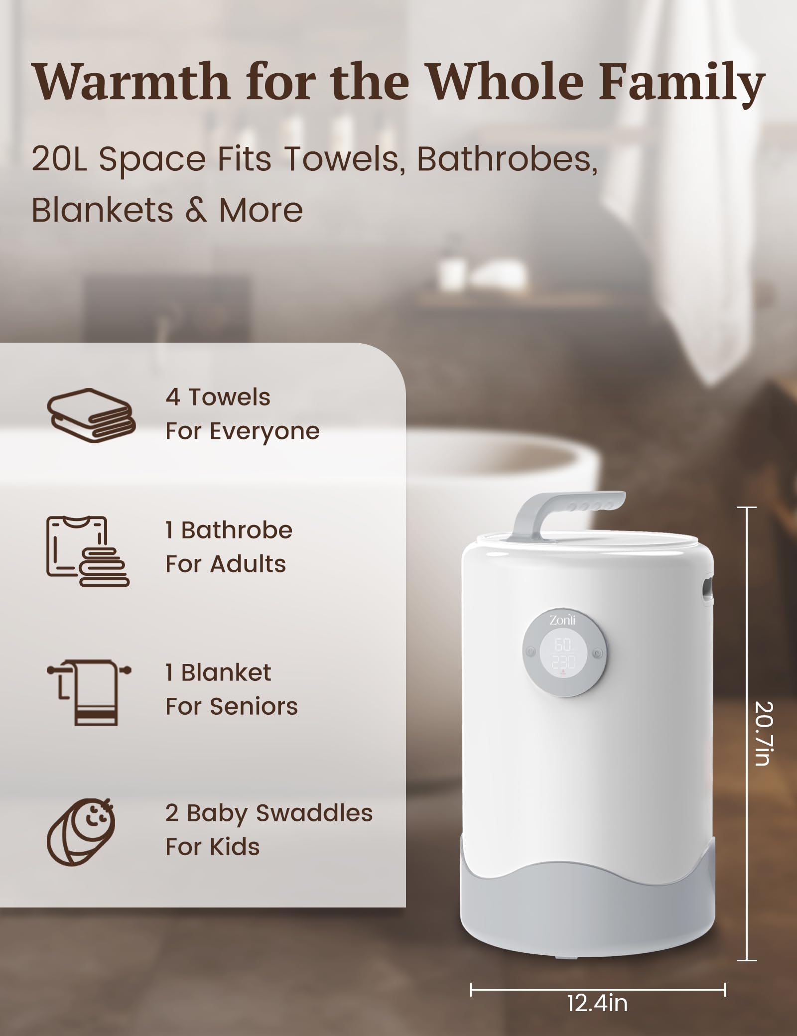 Premium ZonLi Towel Warmer - Large Luxury Heated Towel Warmer Bucket for Bathroom with Auto Shut-Off & Adjustable Timer | Holds 2 Oversized Towels, Blankets & Bathrobes | Includes Scented Discs | Perfect for Spa, Hotel & Home Relaxation