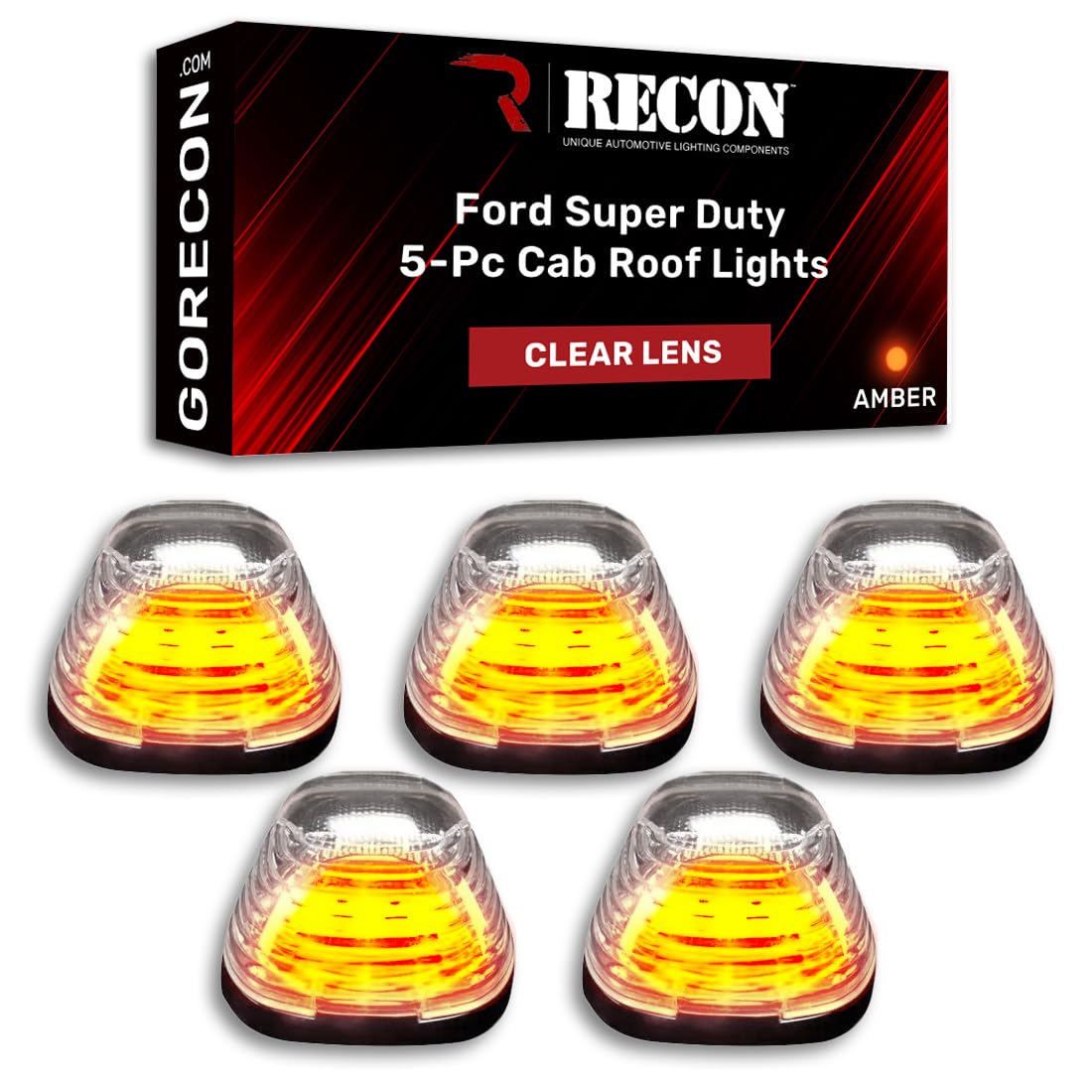RECON 5-Piece Clear Lens Amber LED Cab Lights Kit for 1999-2016 Ford Super Duty F250 F350 F450 F550 Trucks (Non-Factory Cab Light Models) - Upgrade Your Truck's Visibility & Style for Night Driving and Off-Road Adventures