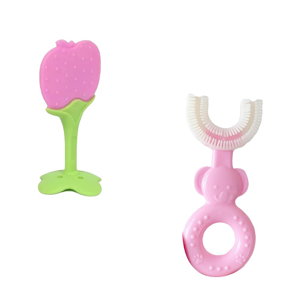 Kritiu Baby Teether and U-Shape Toothbrush Set | BPA-Free Silicone Teether & Infant Toothbrush | Safe Teething Relief & Oral Care for Babies 0-12 Months | Perfect for Soothing Sore Gums & Early Dental Hygiene (Pink) | Great for Home, Travel & Daycare Use